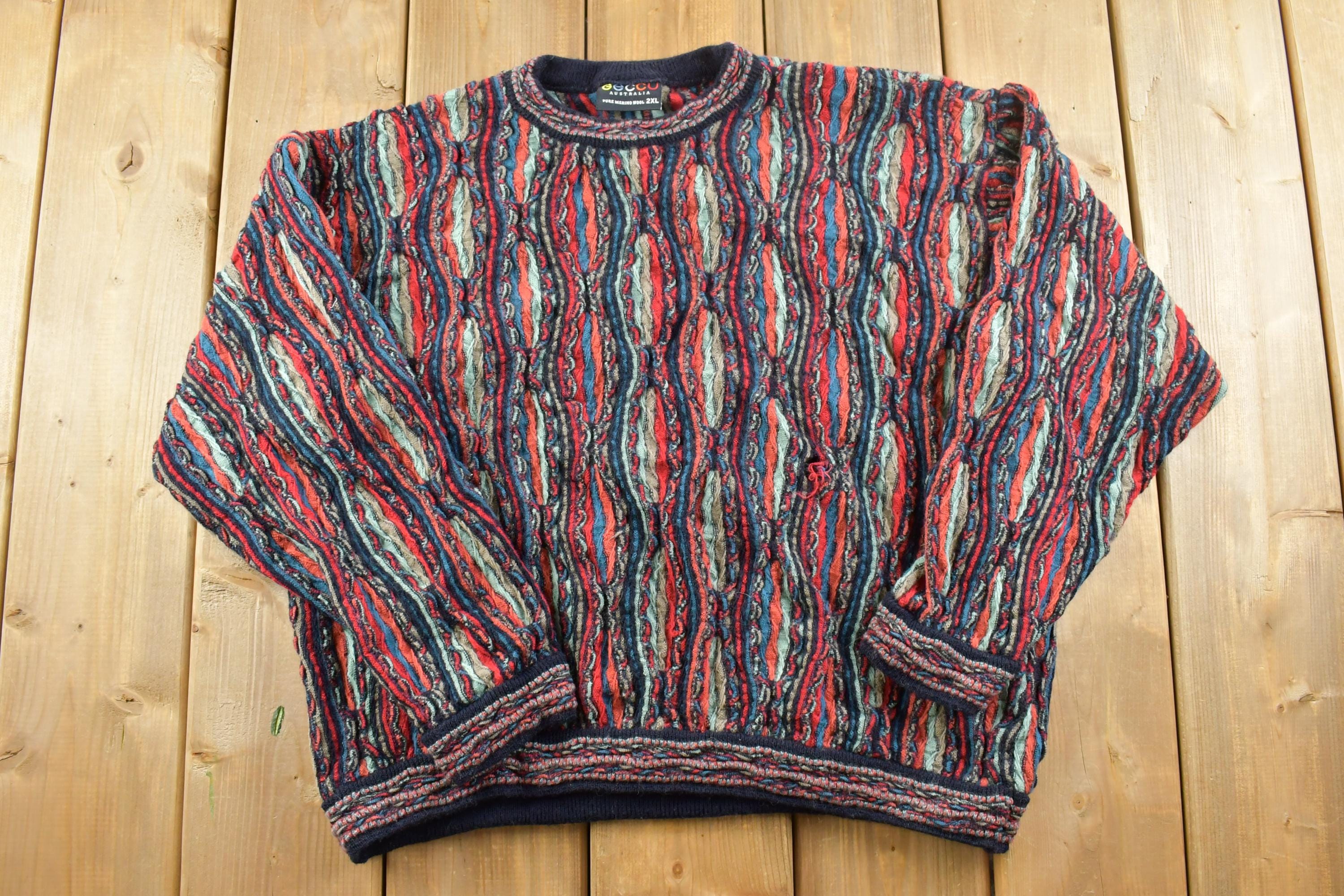 Vintage 1990s Gecco Australia Pure Marino Wool 3D Colored Cable Knit Crewneck Sweater