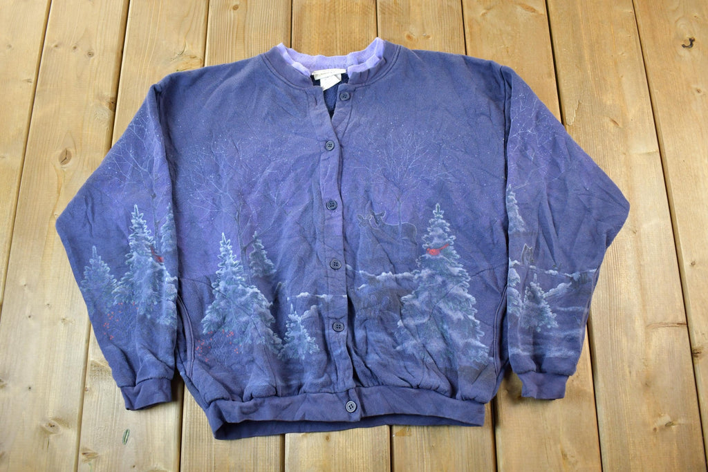 Vintage 1990s Forest Nature Landscape Graphic Cardigan Sweatshirt Women's Medium