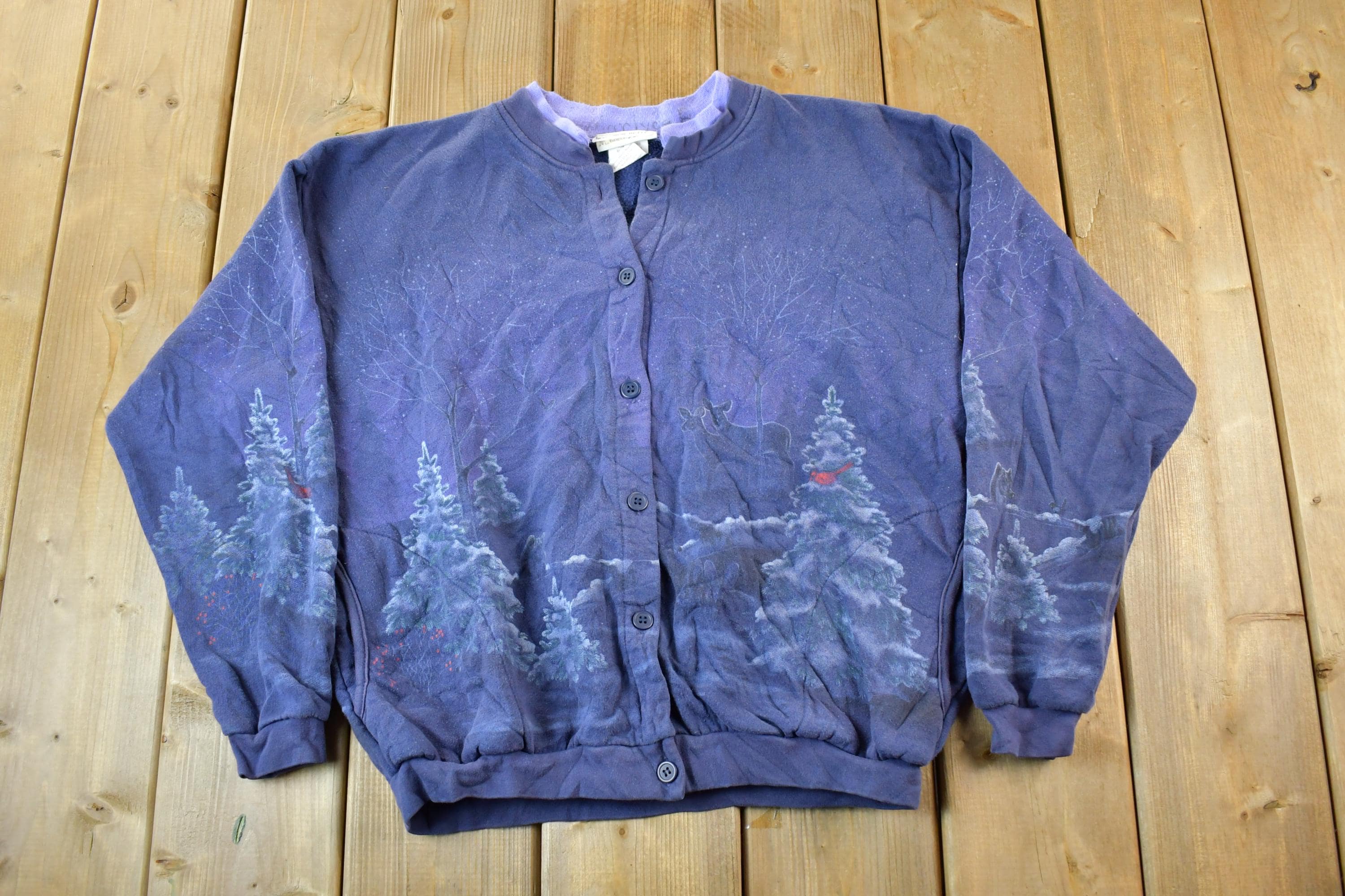 Vintage 1990s Forest Nature Landscape Graphic Cardigan Sweatshirt Women's Medium
