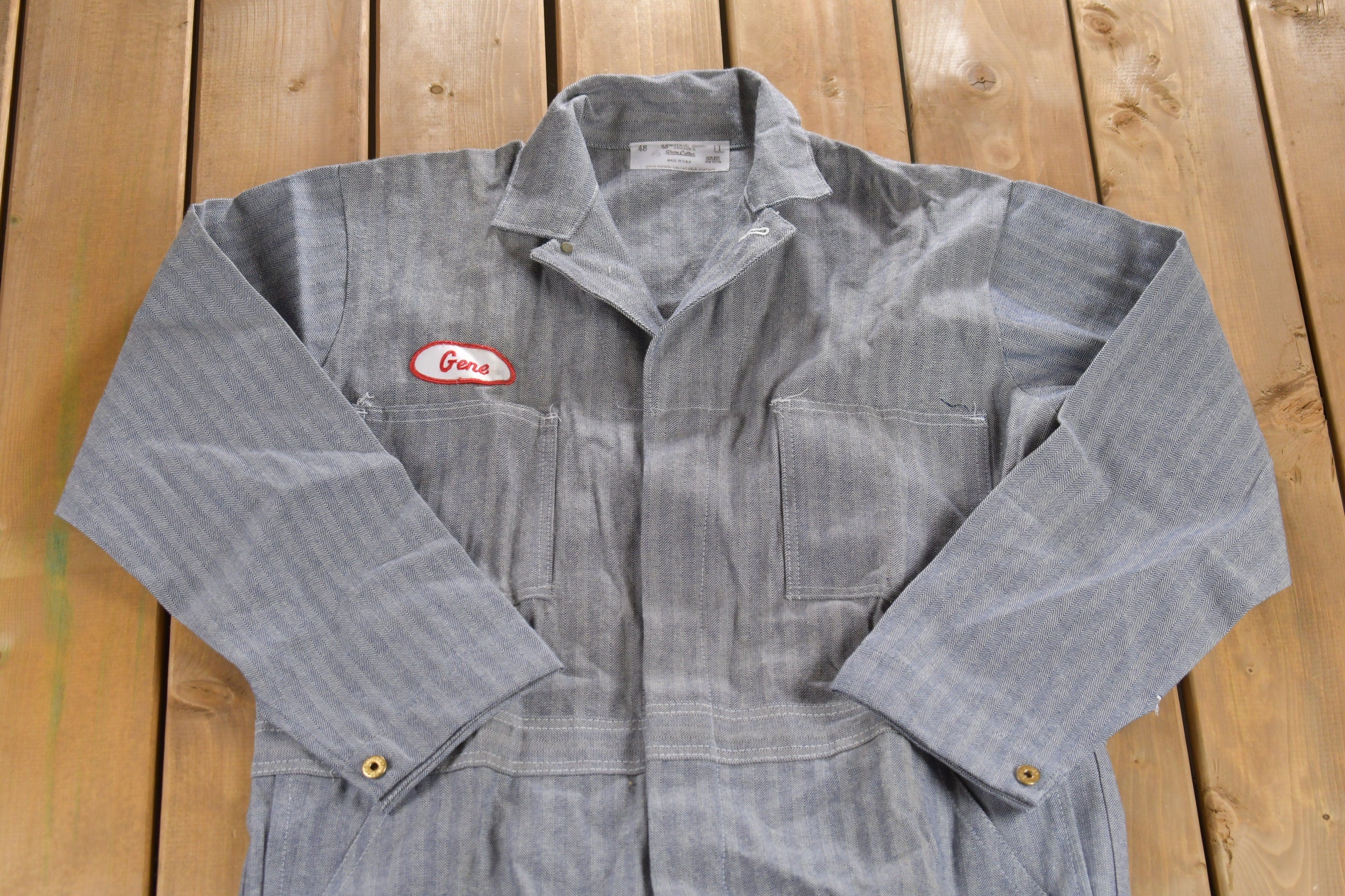 Vintage 1980s Stonecutter Universal Overall Herringbone Jumpsuit / Vintage Coveralls / Hickory Stripe Denim / Distressed Workwear /