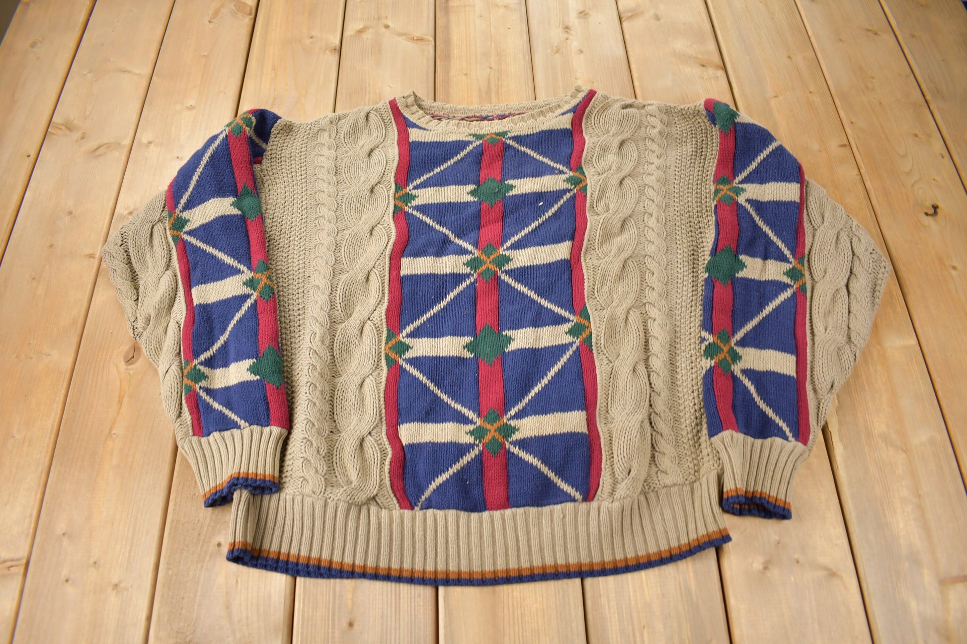 Vintage 1990s Cable Knit Color Block Knit Crewneck Sweater