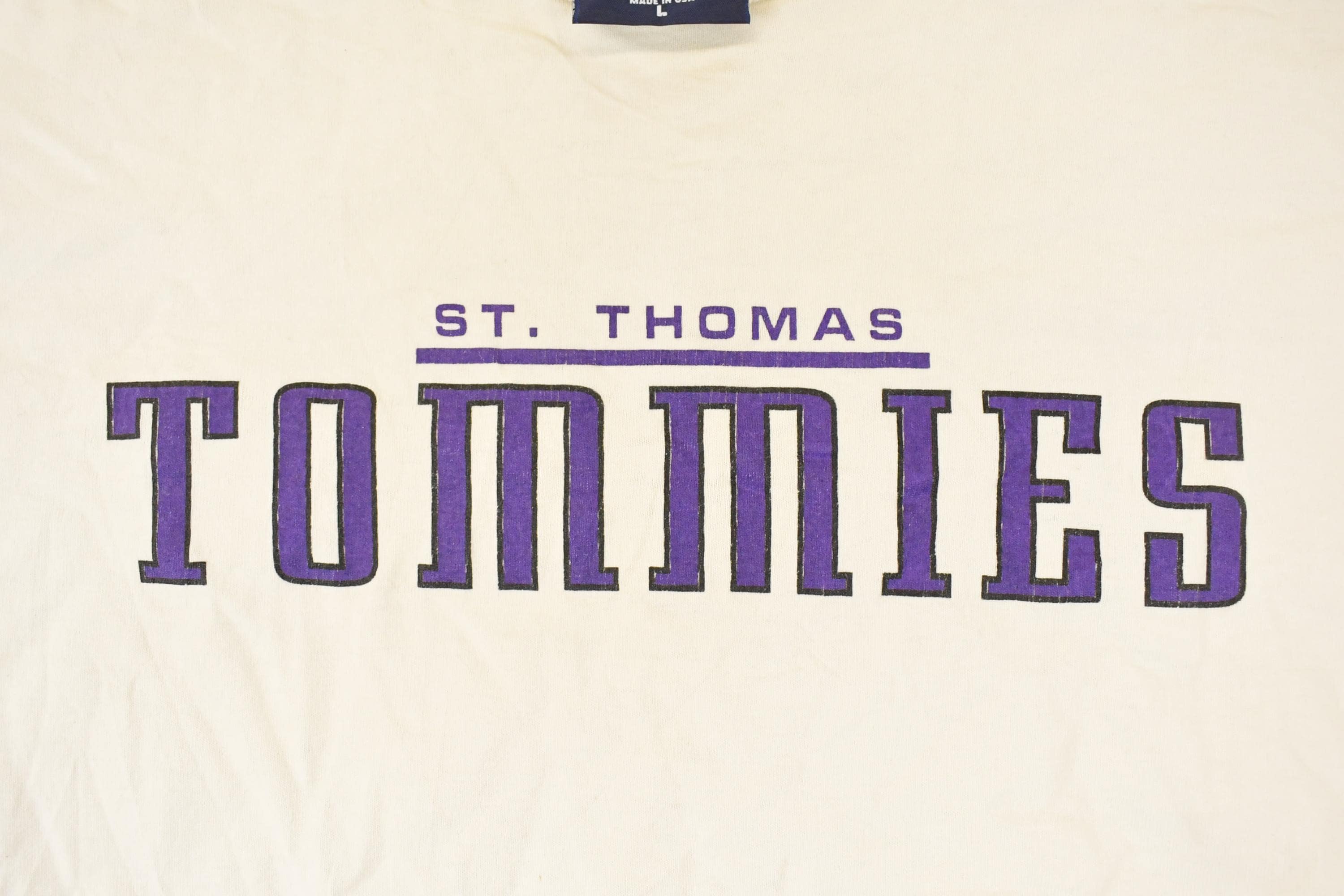 Vintage 1990s Thrashed Jansport St Thomas Tommies Graphic Print Crewneck Shirt Mens L  Made In USA  90's Destination Sweater