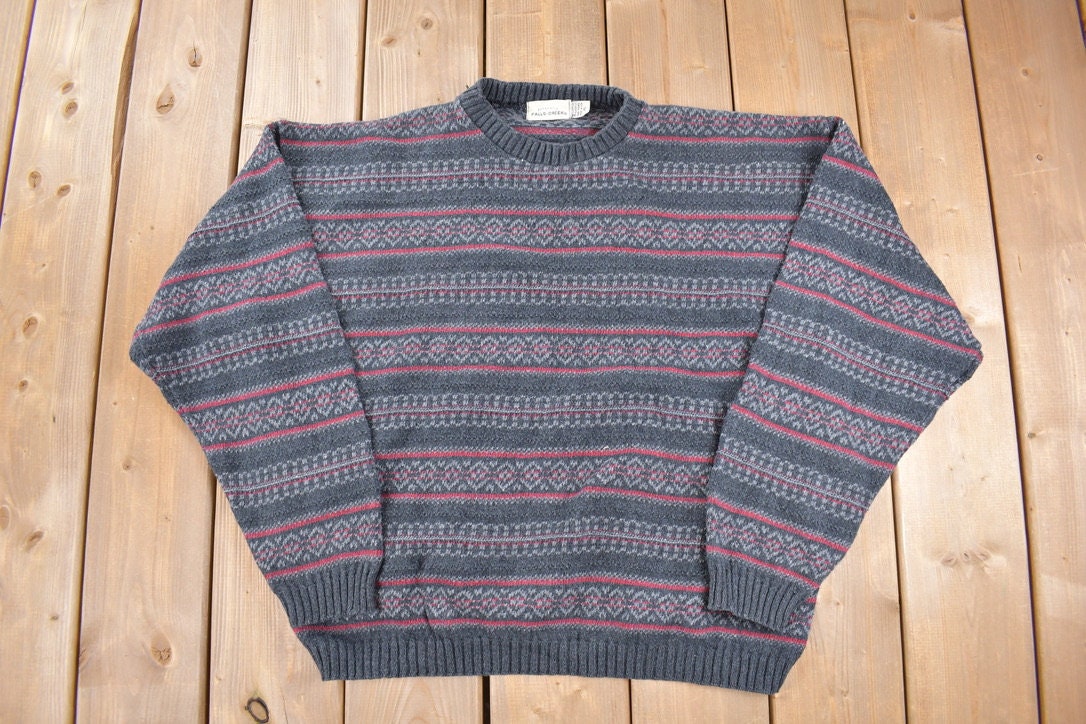 Vintage 1990s Falls Creek Knitted Sweater / Vintage 90s Crewneck / Pattern Sweater / Outdoor / Hand Knit / Pullover Sweatshirt / Made in USA