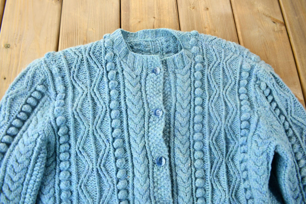 Vintage 1990s Blue Cable Knit Cardigan Sweater /