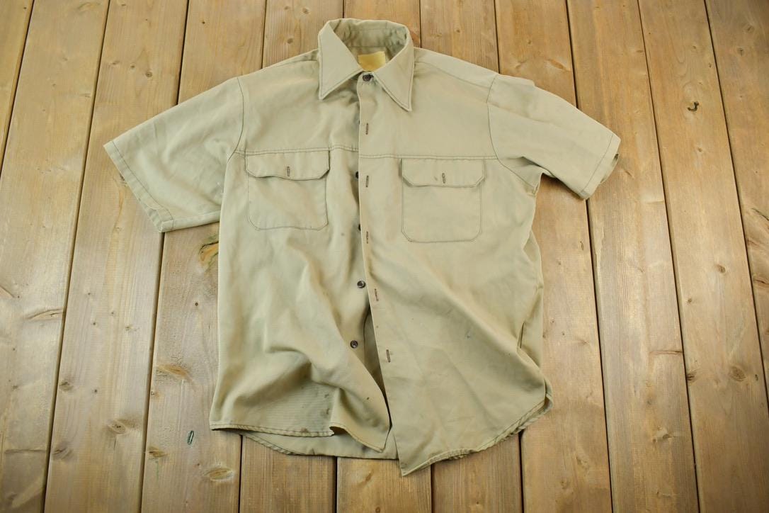 Vintage 1970s Tan Button Up Safari Style Shirt