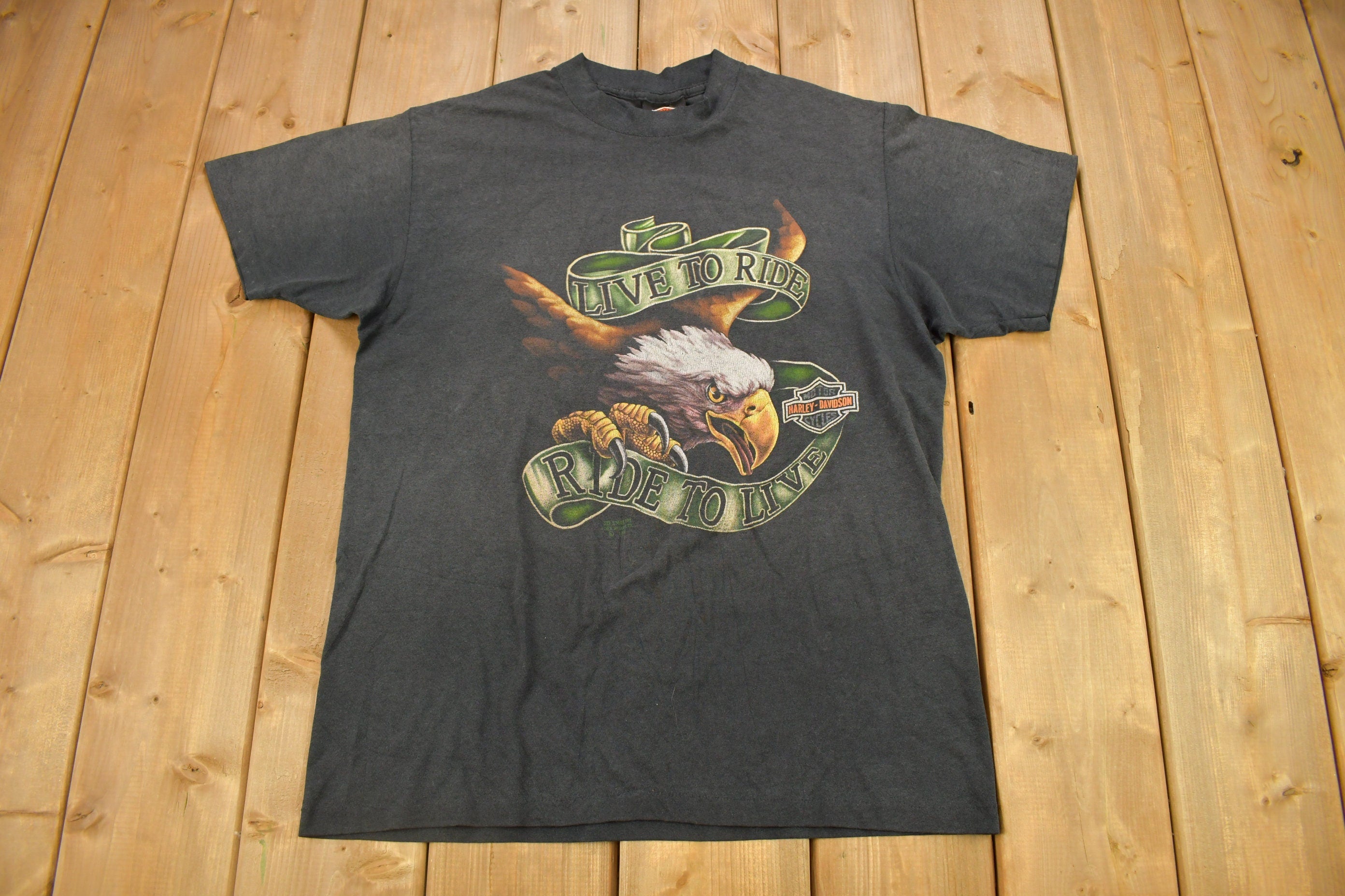 Vintage 1991 Live To Ride Ride To Live 3D Emblem Harley Davidson T-Shirt