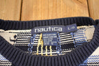 Vintage 1990s Nautica Plaid Knit Crewneck Sweater Mens L / 90's Abstract Pattern 3D Knitted Sweatshirt