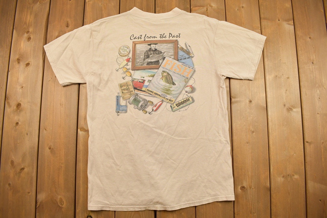 Vintage 1990s Cast From the Past Parody Fishing Art Graphic T Shirt