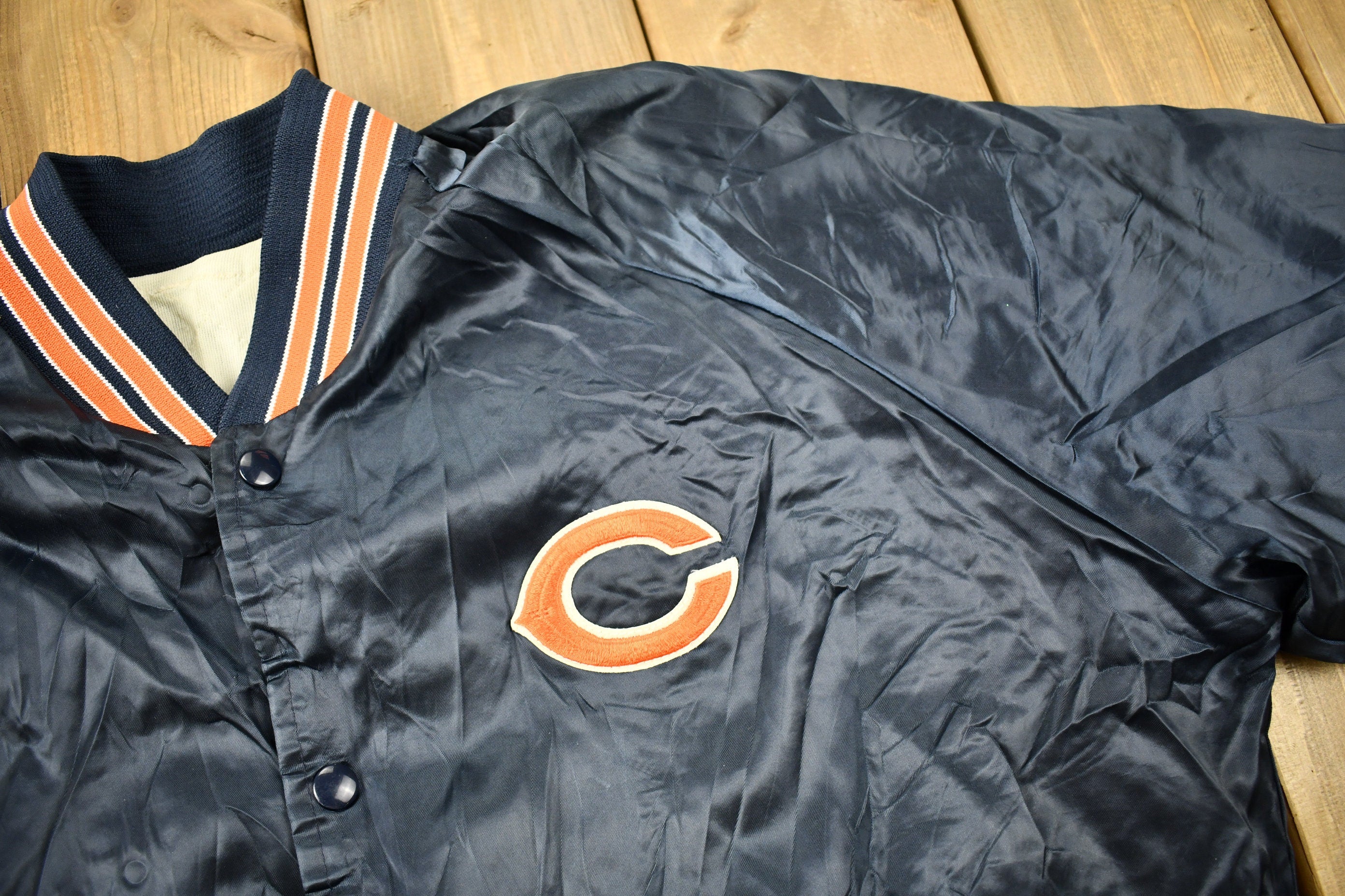 Vintage 1980s Chicago Bears NFL Satin Snap Button Bomber Jacket