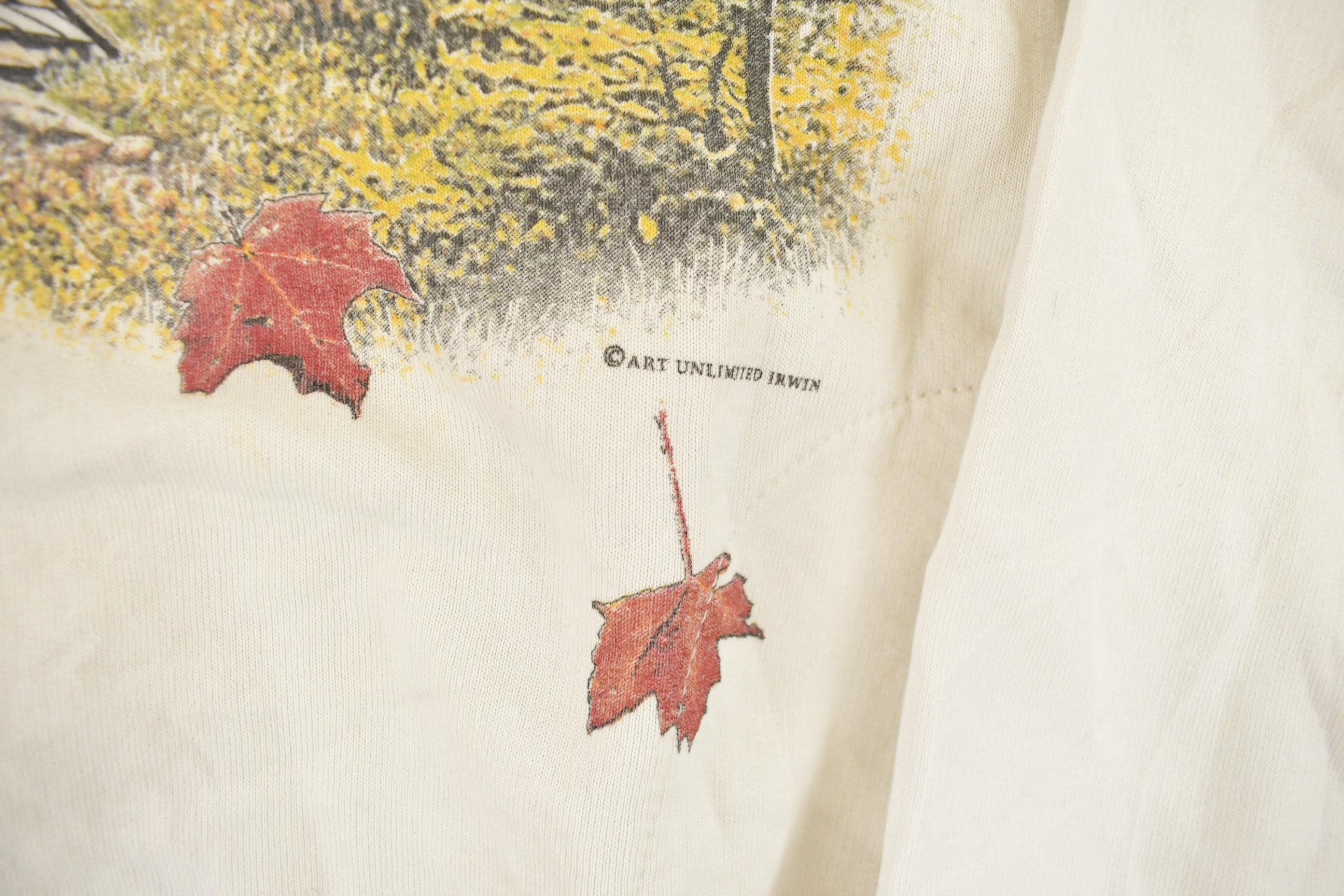 Vintage 1990s Art Unlimited Autumn Leaves All Over Print Landscape Henley Sweatshirt Men's XL