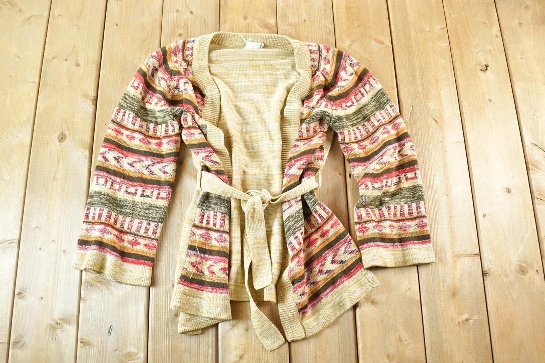 Vintage 1960s Knit Abstract Pattern Crewneck Sweater Womens S