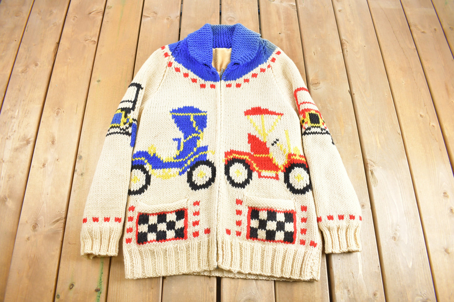 Vintage 1950s Hand-Knit Vintage Car Theme Cowichan Sweater / Wool / True Vintage / Outdoorsman / Heavy Weight / Size M