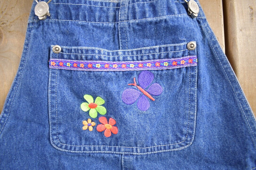 Vintage 1990s Kid Looks Cute Butterfly Denim Jean Overalls Size 34x28