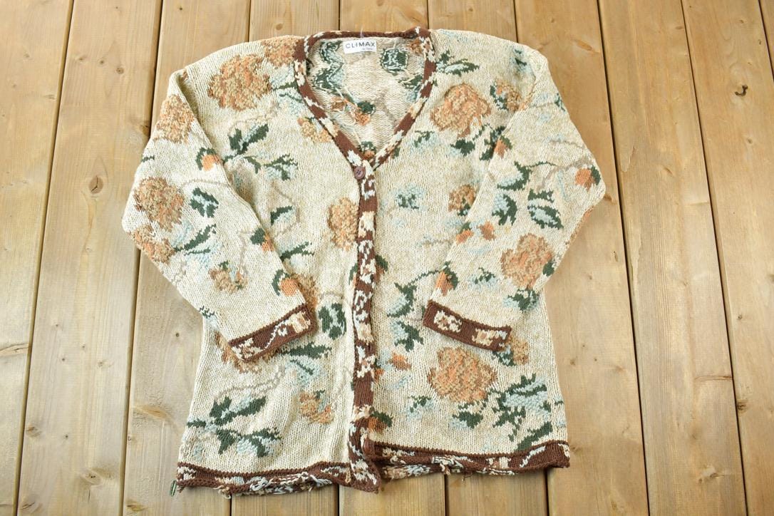 Vintage 1990s Climax AOP Floral Knit Perfect Mild Distress Cardigan Sweater Made In USA