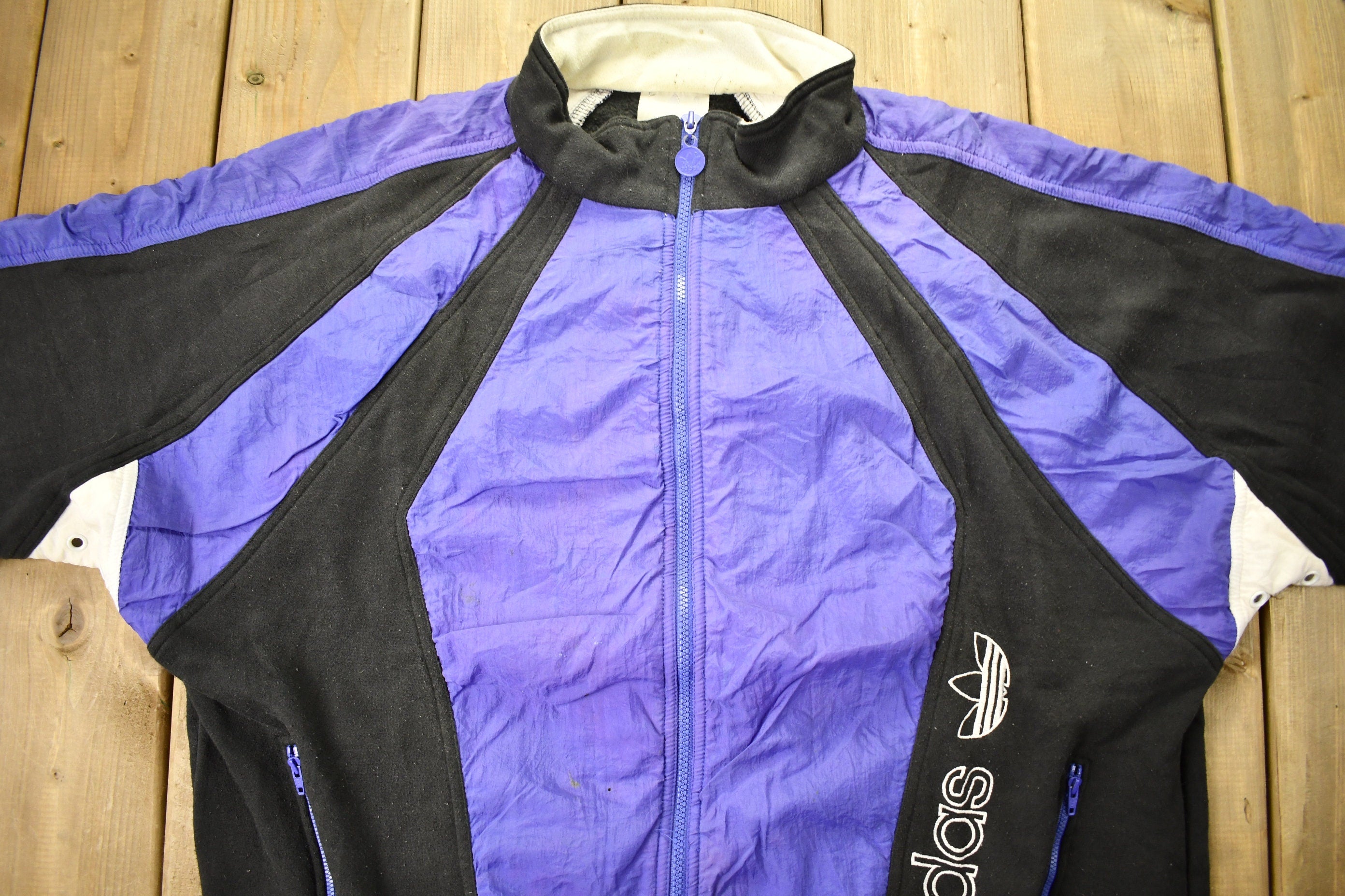 Vintage 1980s Adidas Color-Block Zip-Up Nylon Sweater