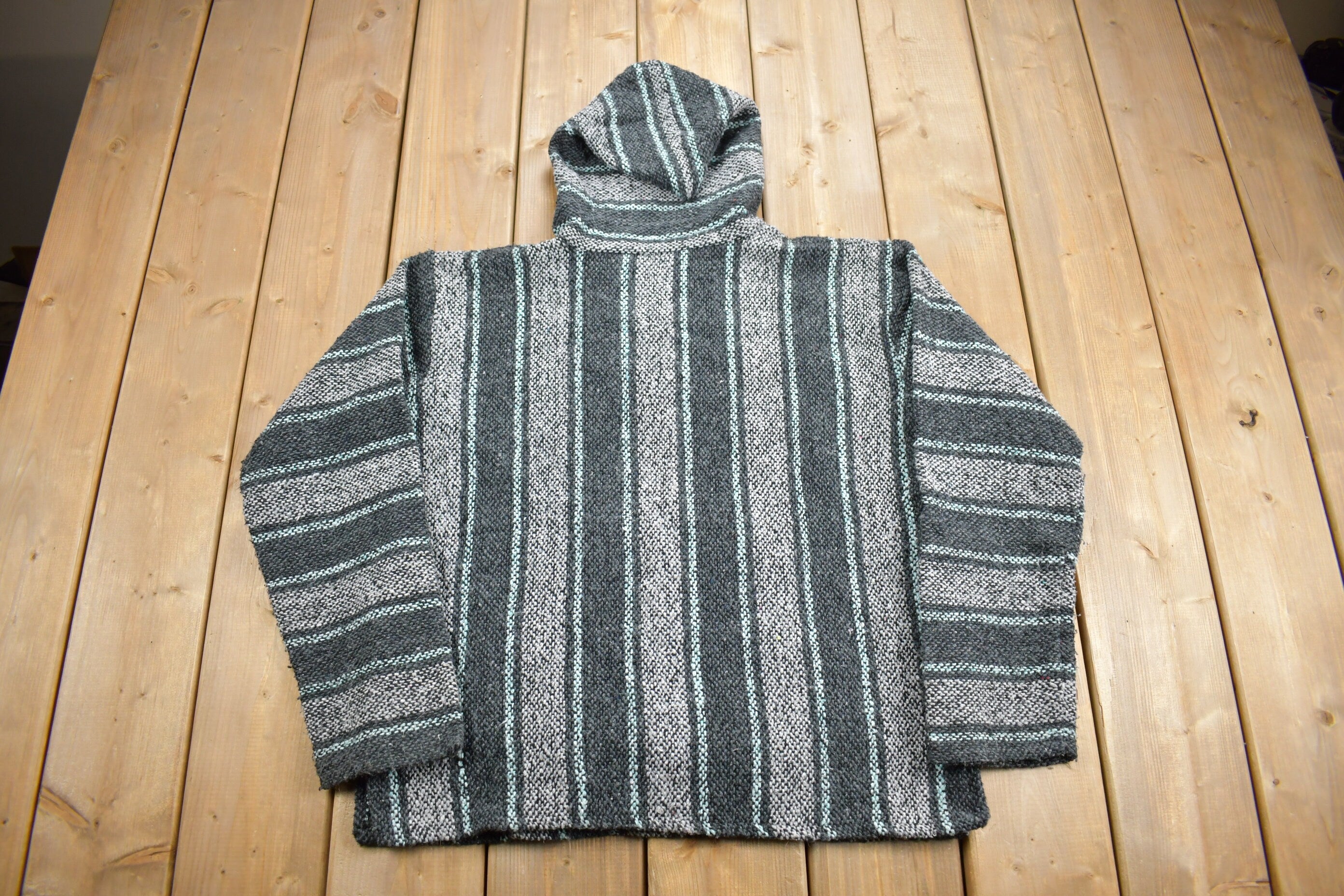 Vintage 1990s Iguana Jack Hooded Pullover Striped Knit Poncho Blanket Hoodie