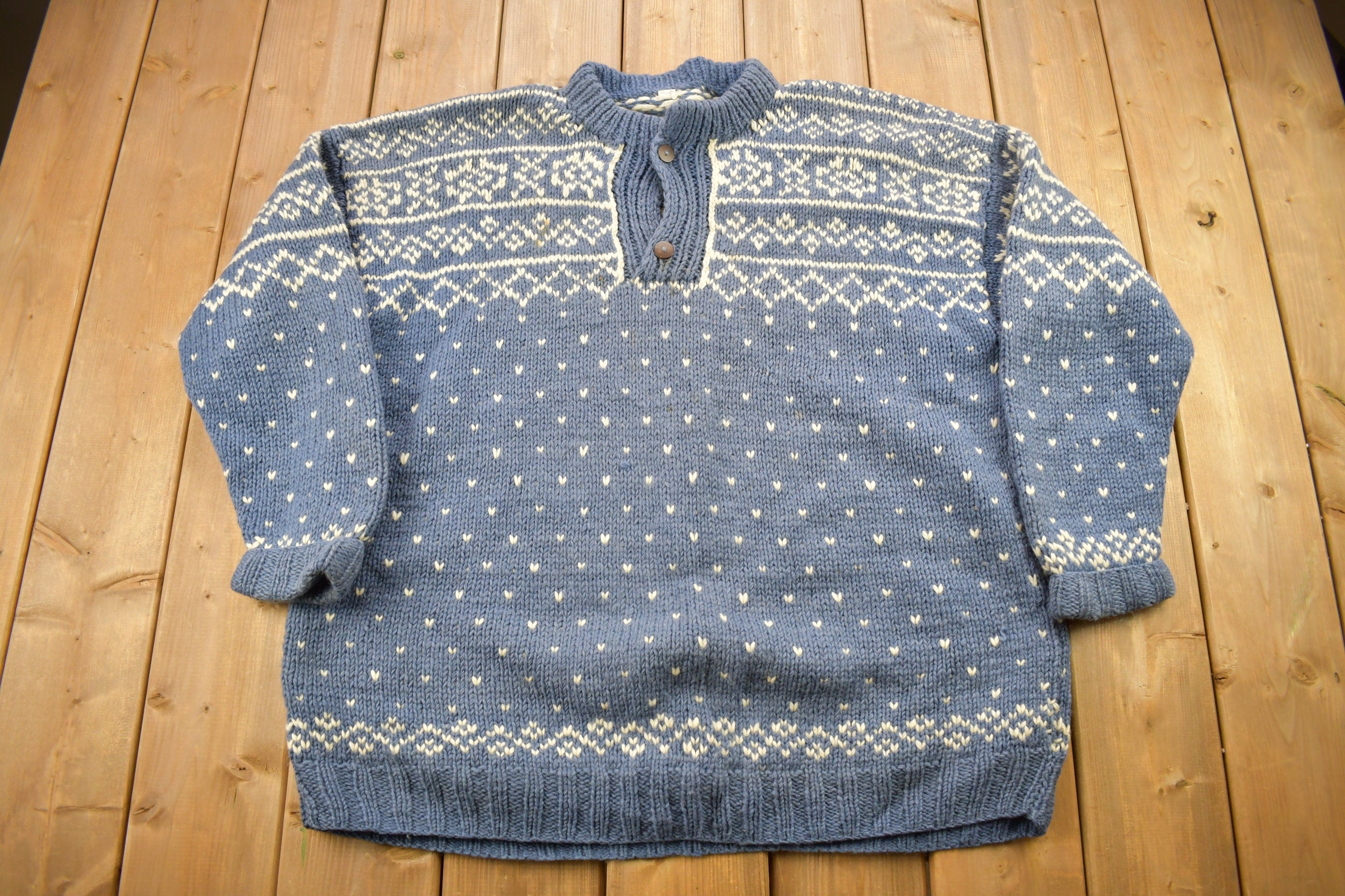 Vintage 1990s 100% Wool Henley Knit Sweater