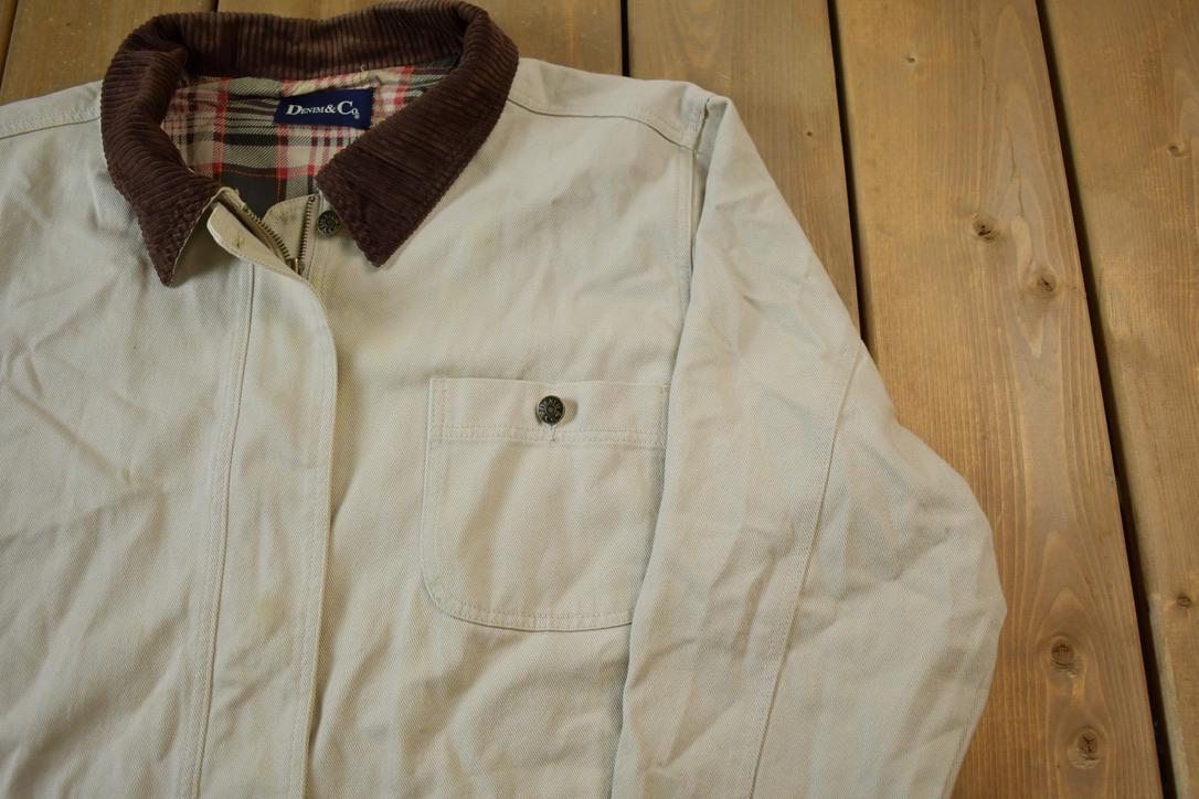 Vintage 1990s Denim&Co White Denim Lined Chore Coat Corduroy Collar