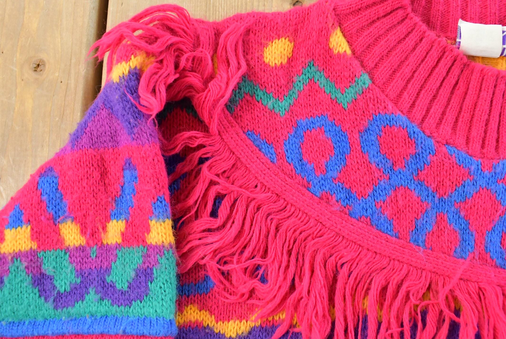 Vintage 1990s Mount Snow Abstract Knit Crewneck Sweater Youth L / Fringe Tassels Knitted Sweatshirt / Made in USA