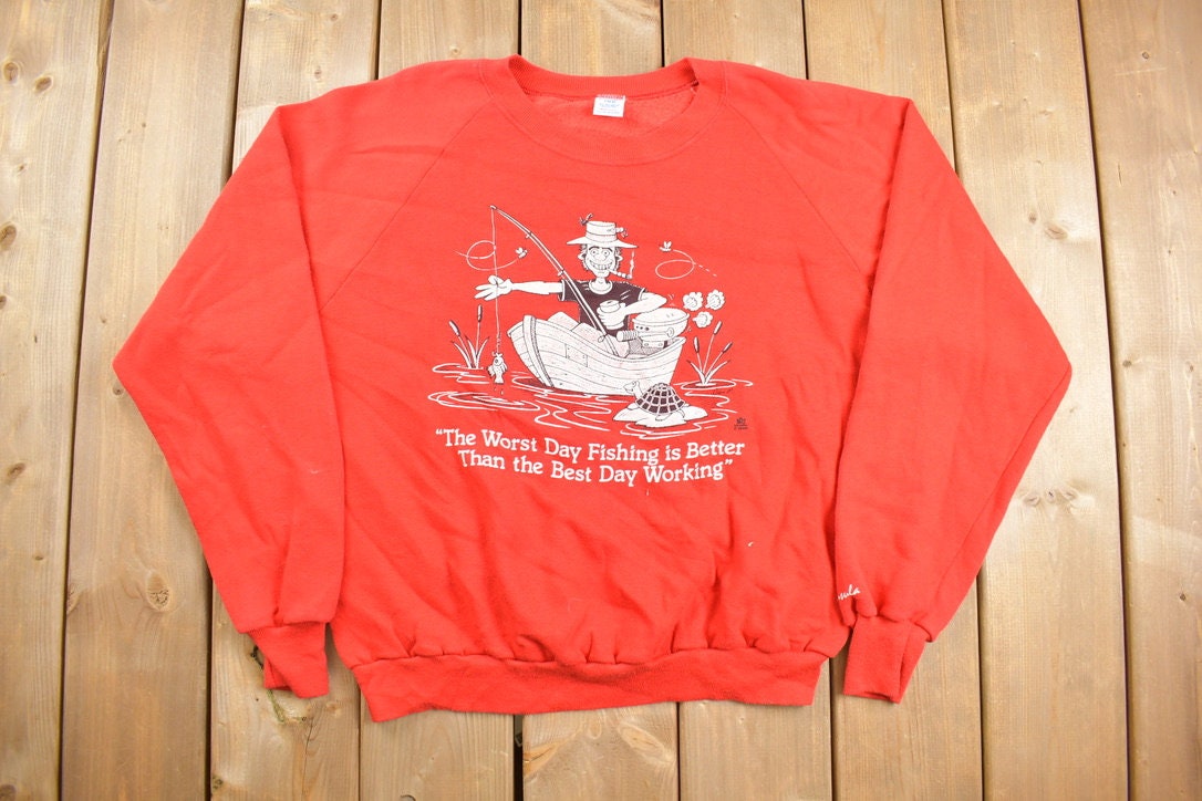 Vintage 1980s Funny Fisherman Graphic Crewneck Sweater