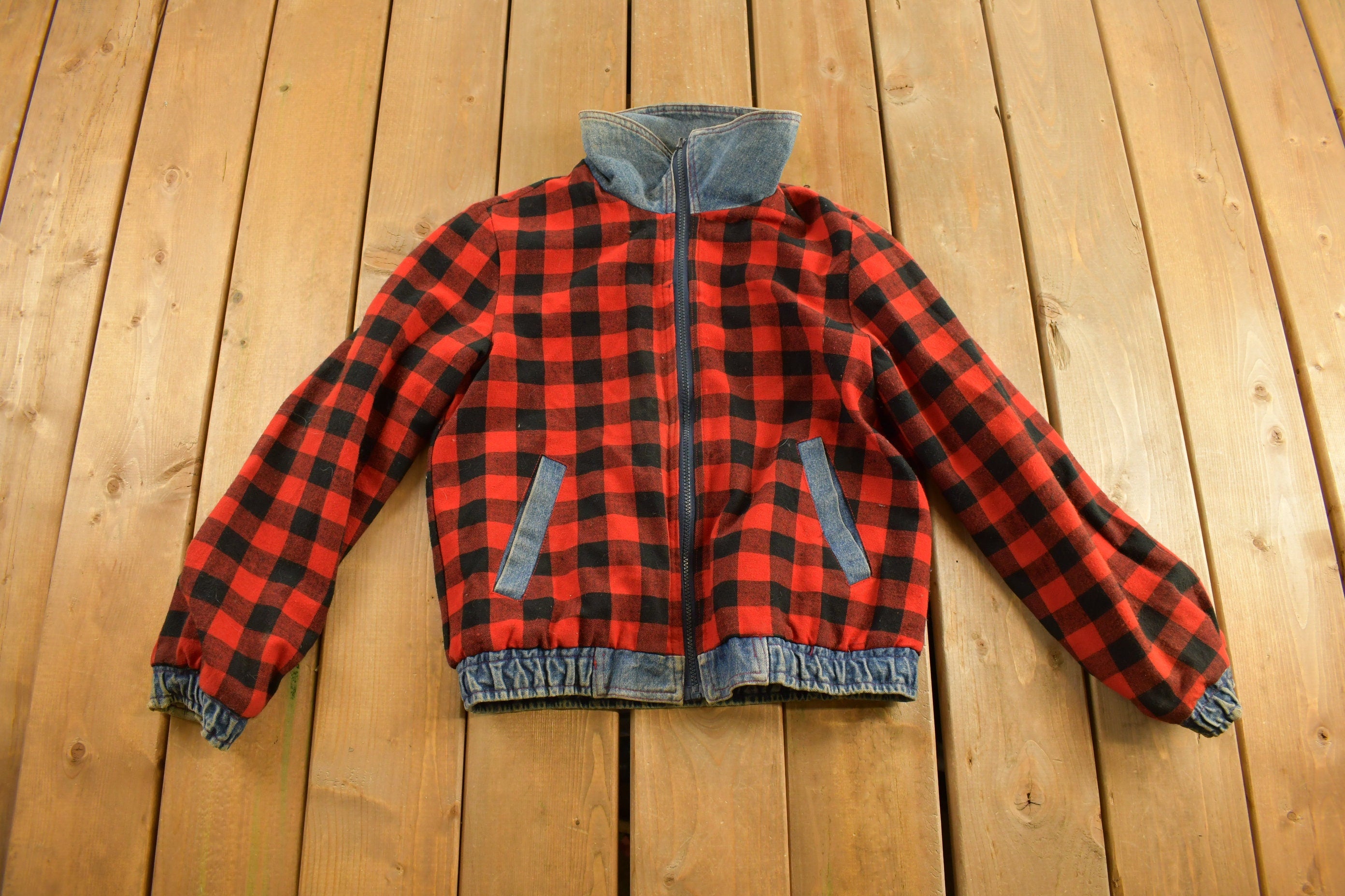 Vintage 1990s Plaid Reversible Denim Jacket