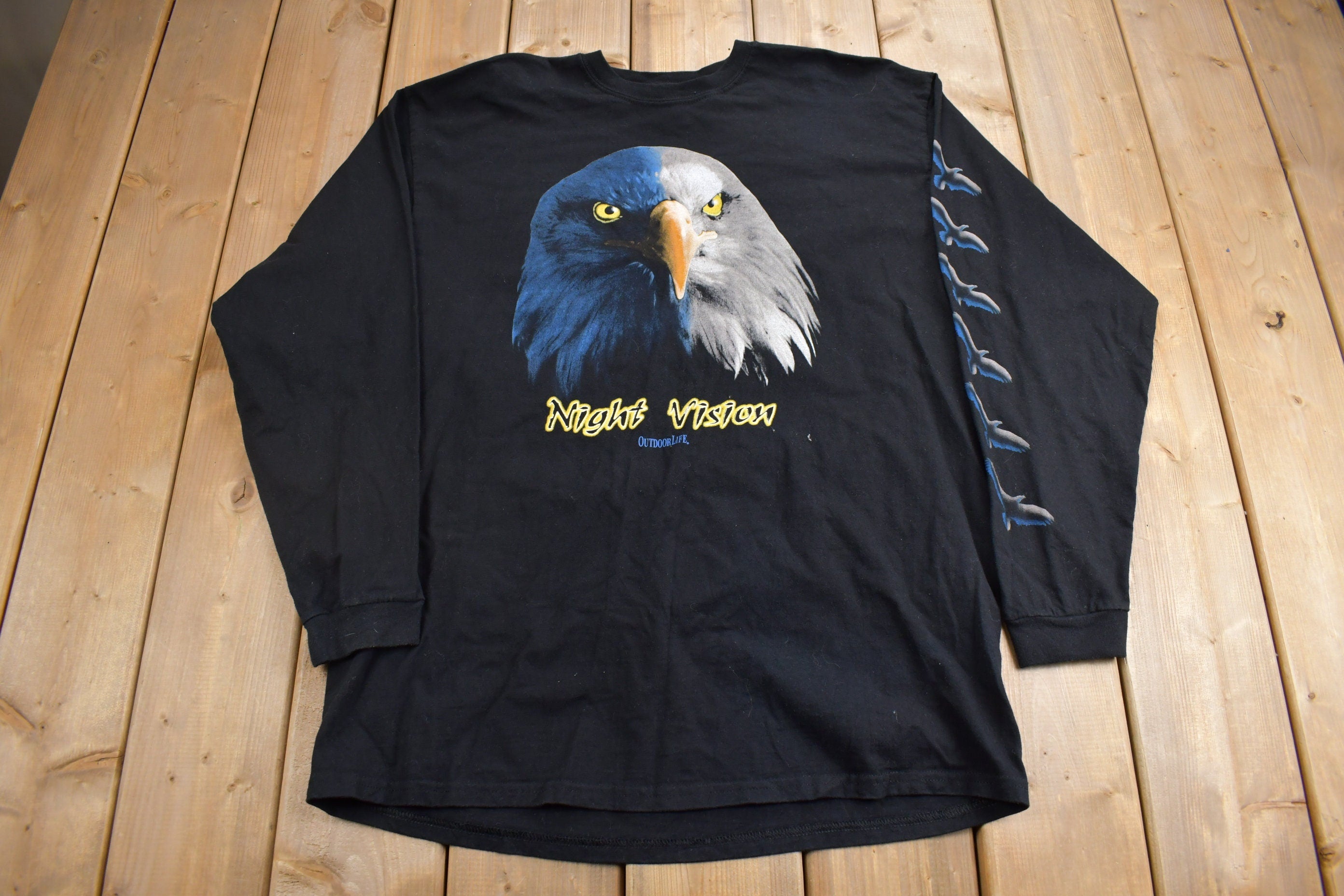 Vintage 1990s Bald Eagle Night Vision Outdoor Life Long Sleeve Graphic T-Shirt