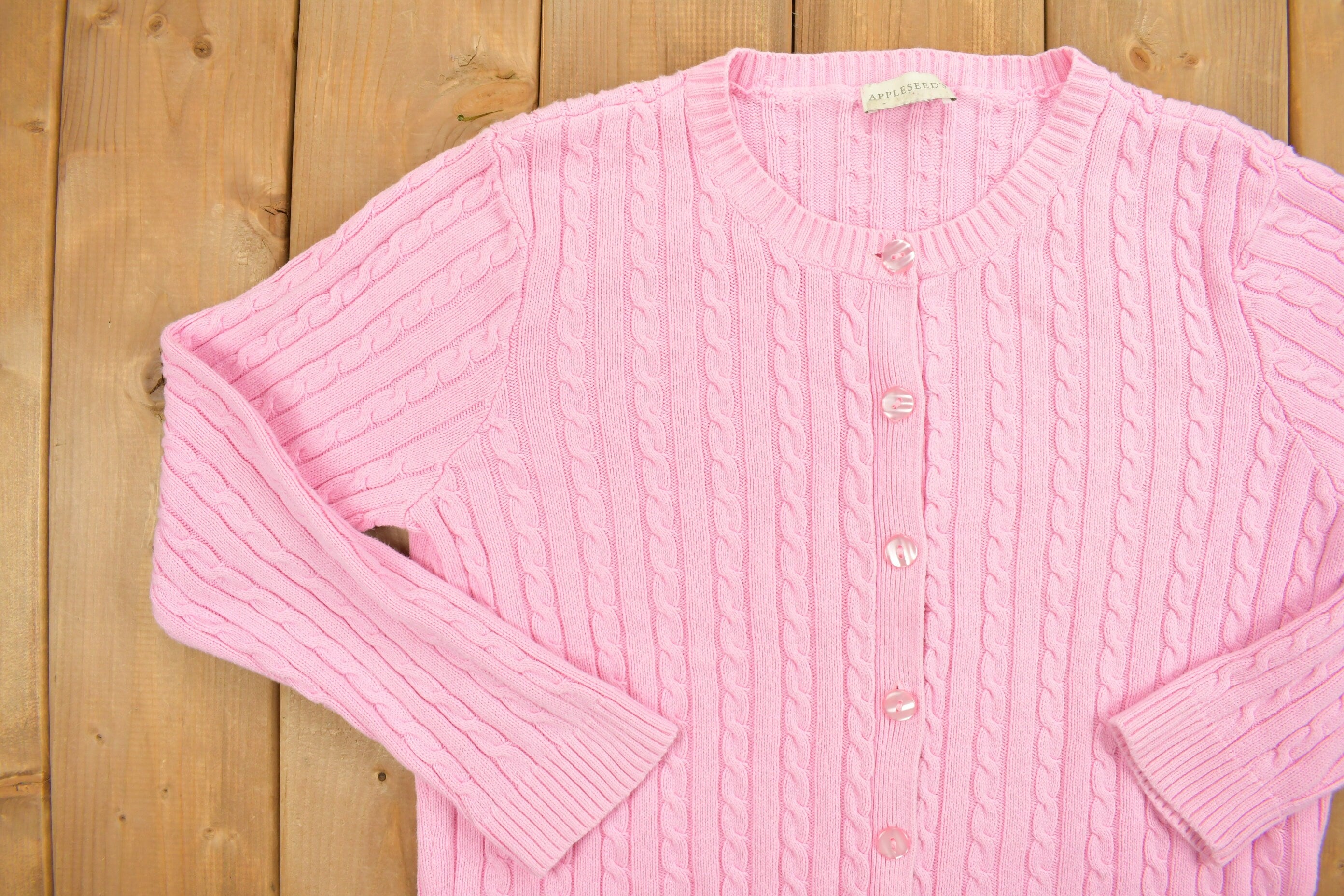 Vintage 1990s Appleseed Pink Knit Cardigan Sweater