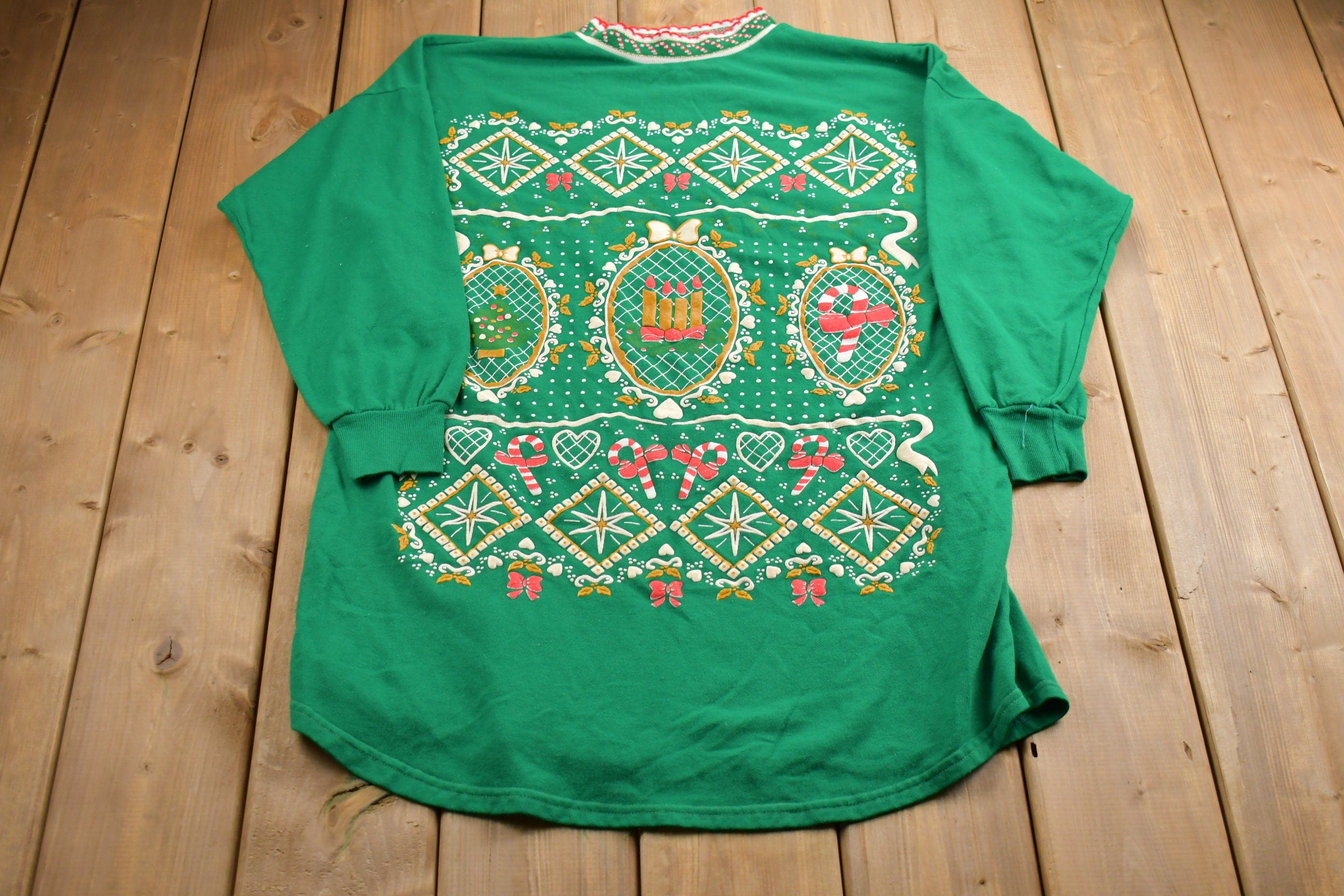 Vintage 1990s Candy Cane Christmas Sweater , 90s Holiday Crewneck , Winter Wear , Festive Graphic Print