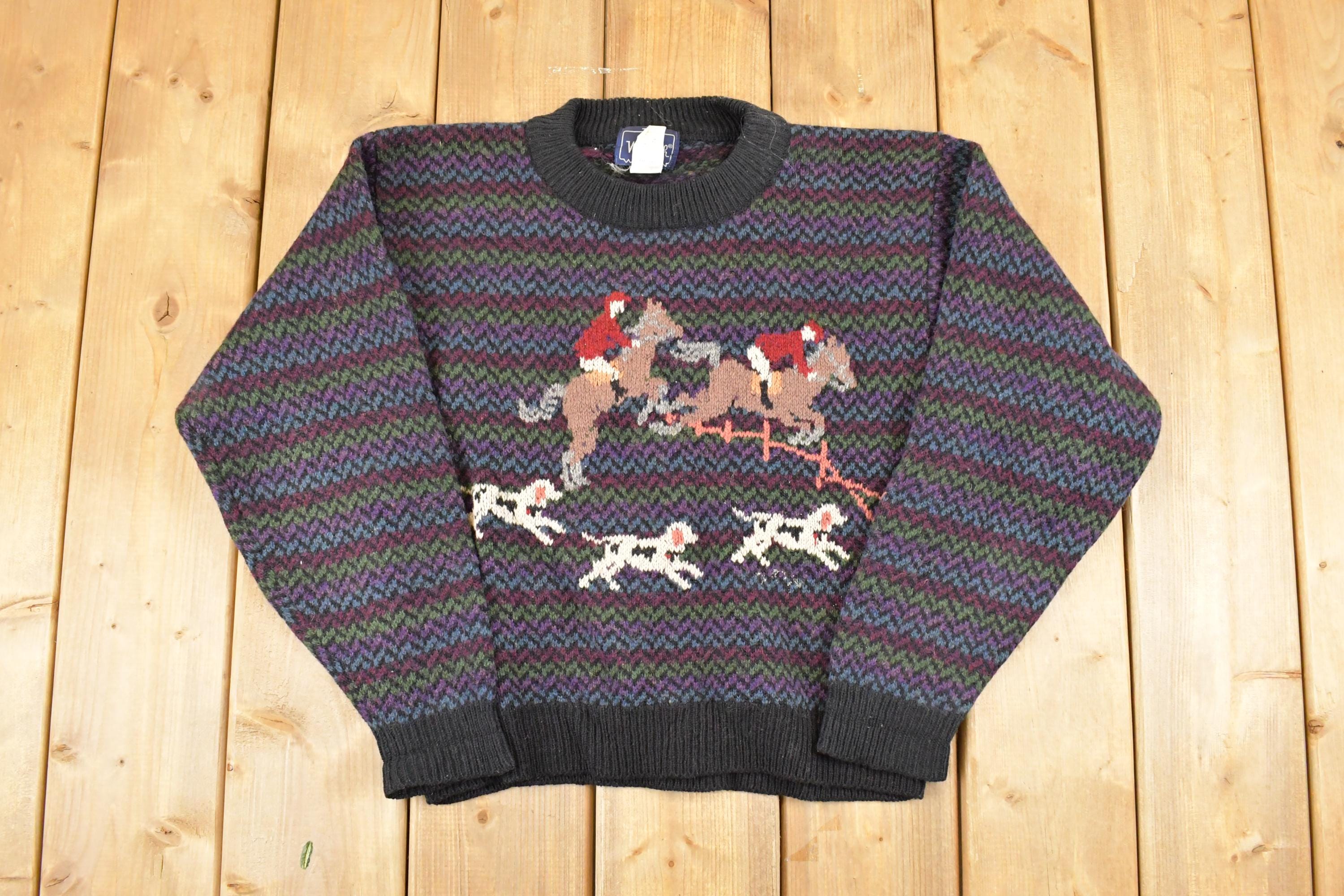 Vintage 1990s The Woolrich Women Jumping Horses Wool Knit Crewneck Sweater Women's L  90s Knitted Sweatshirt  Vintage Preppy Knits