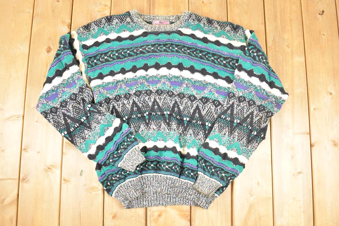Vintage 1990s Concrete Abstract Striped Pattern Knit Crewneck Sweater Mens L