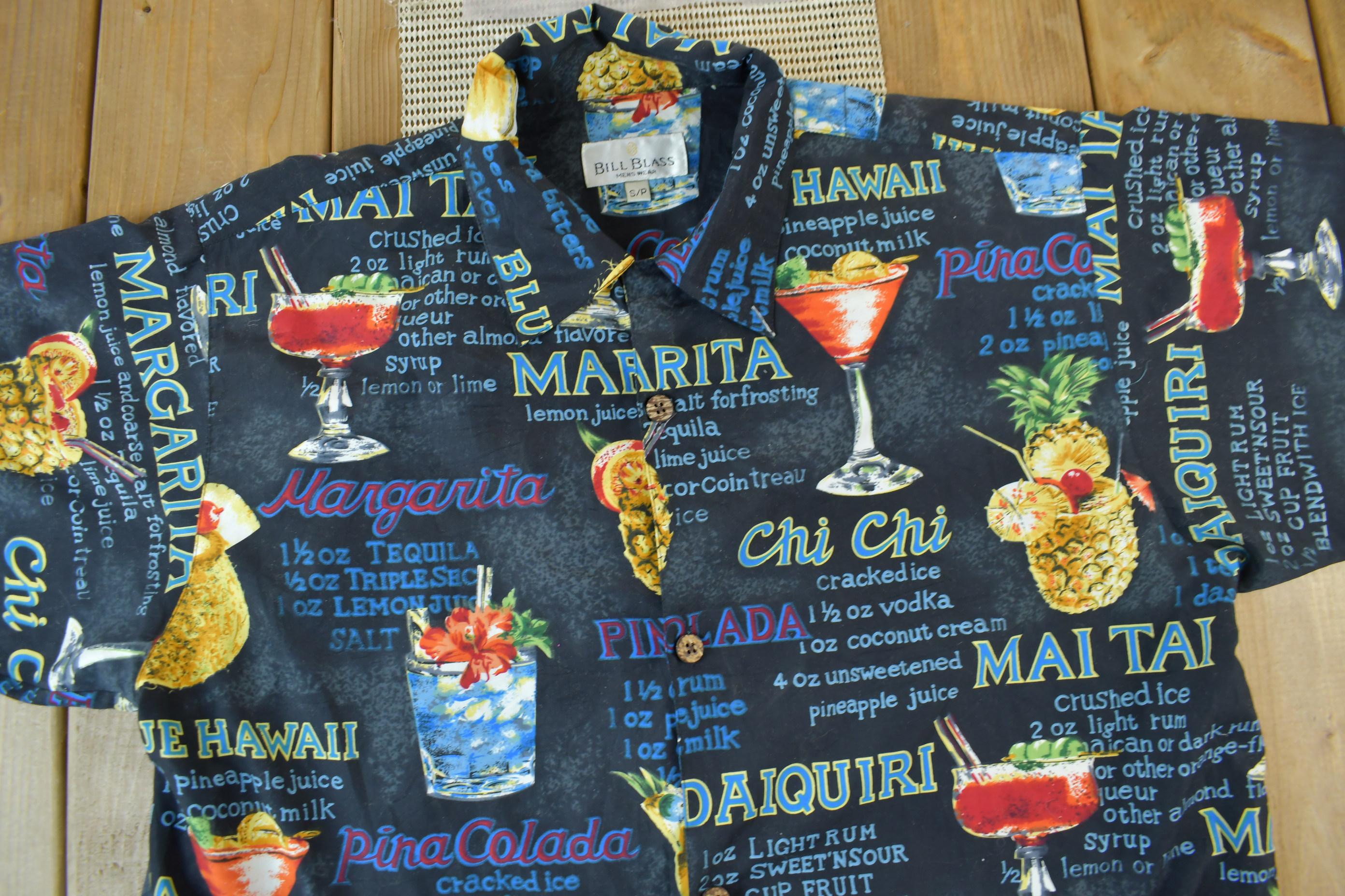 Vintage 1990s Bill Blass Summer Cocktail Recipes Graphic Button Up Shirt