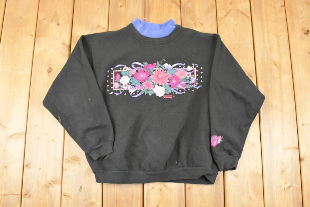 Vintage 1990s Morning Sun Floral Theme Graphic Print Double Collar Crewneck Sweatshirt Womens L / Made In USA / 90's Flower Sleeve Sweater