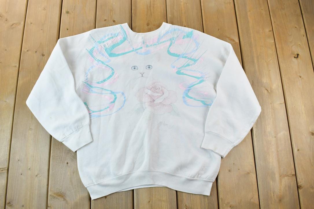 Vintage 1990s Cute Neon Kitty Crewneck Sweater