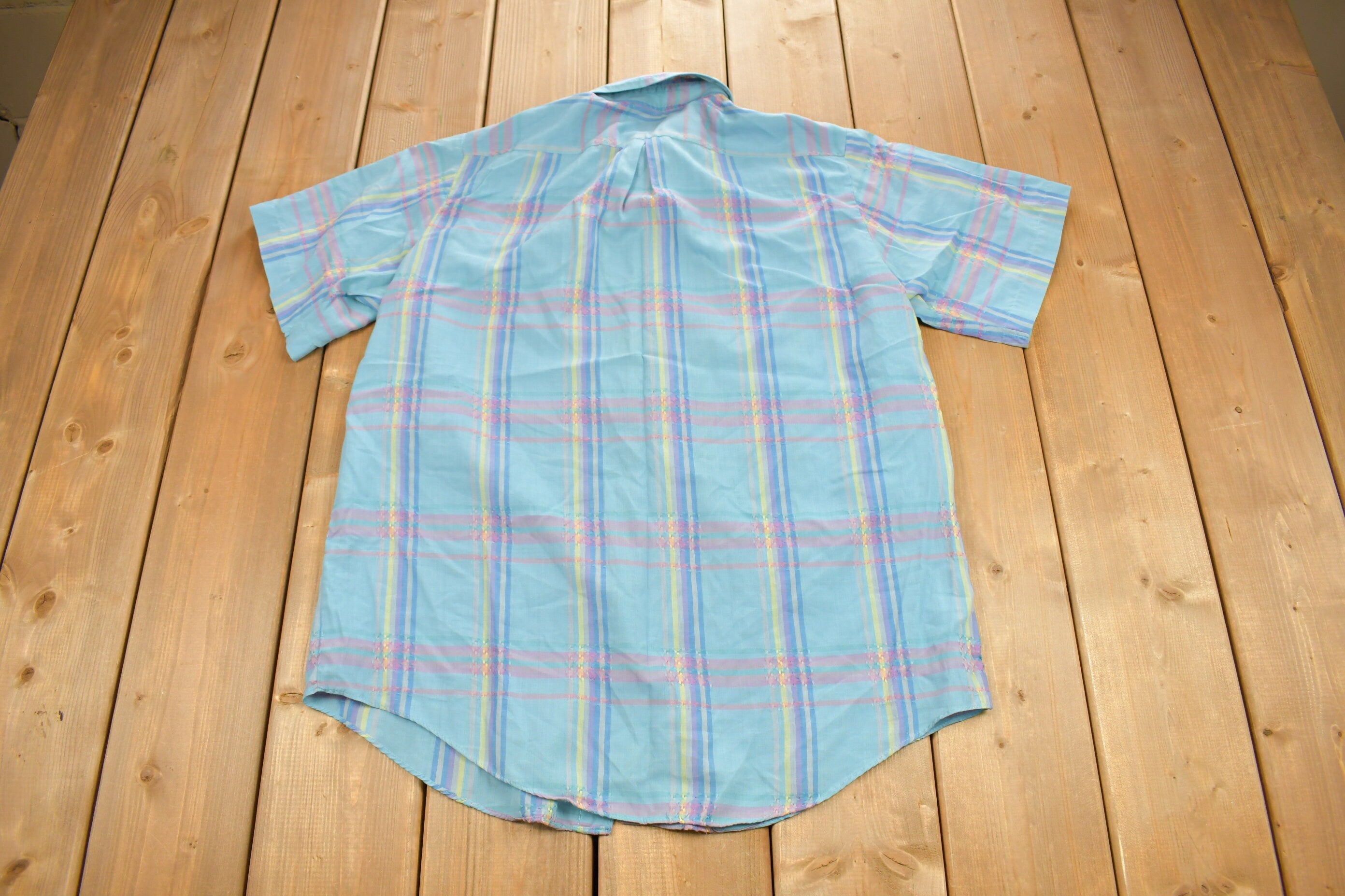 Vintage 1990s Lauren Scott Blue Plaid Short Sleeve Button Up Shirt / Short Sleeve Flannel / Casual Shirt / Formal Shirt / Essential