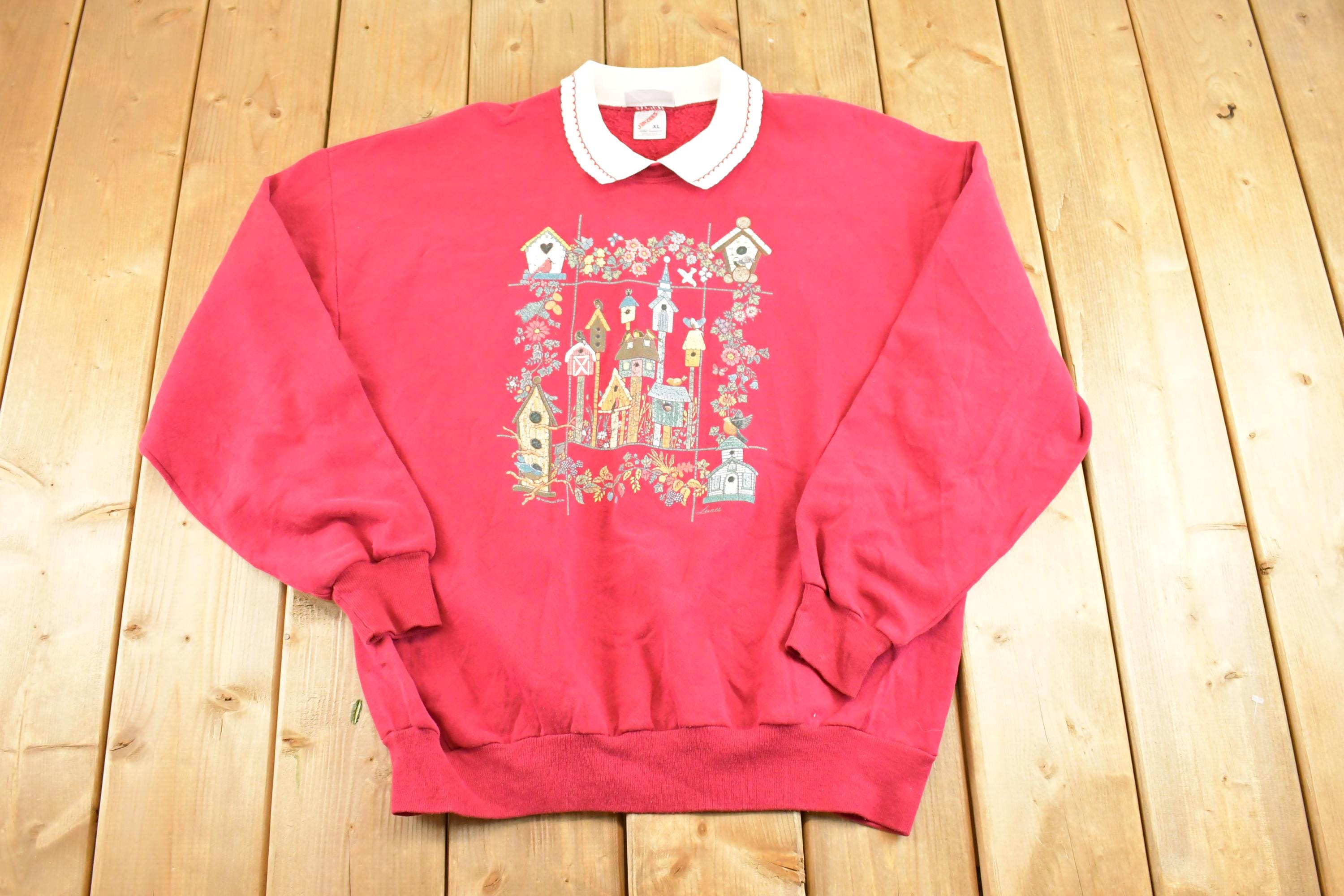 Vintage 1990s Morning Sun Cardinal Birdhouse Souvenir Collared Sweatshirt Womens XL / 90s Crewneck / Travel Vacation Sweater