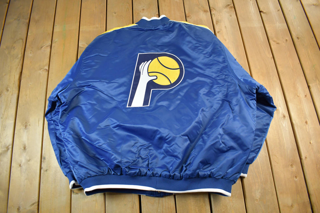 Vintage 2000s Hardwood Classics Indiana Pacers NBA Basketball Embroidered Snap Button Satin Bomber Jacket Mens 3XL