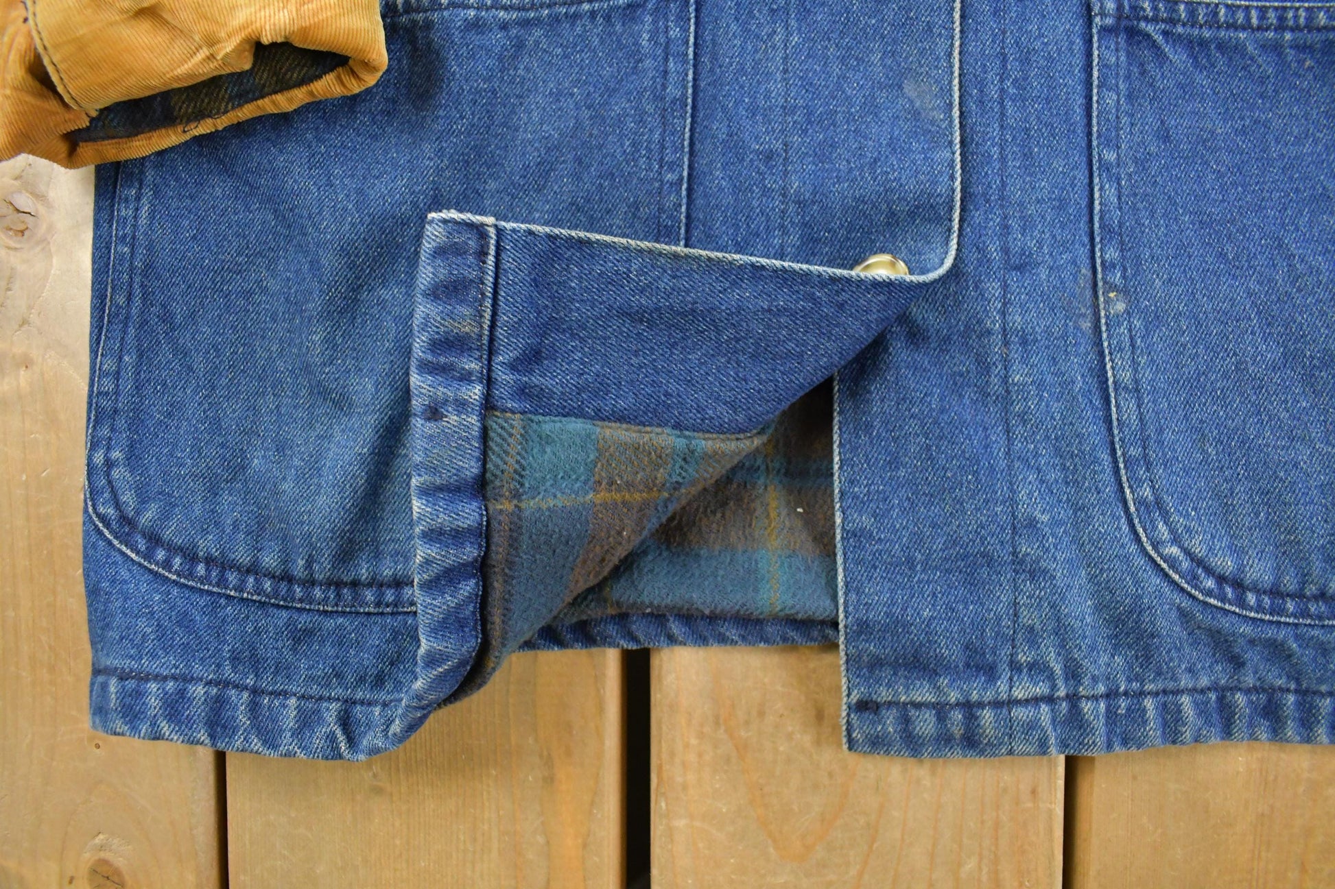 Vintage 1990s Boundary Waters Plaid Lined Denim Jean Chore Coat Women's S / Corduroy Accents / 90s Denim / Outdoors / Workwear Jacket