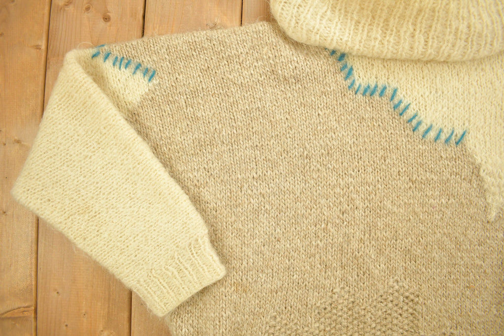 Vintage 1990s Knitwear Wool 3D Cable Knit Sweater / Chunky Knit / Winter Theme / Winter Sweater / Hand Loomed / Embroidered / Mock Neck