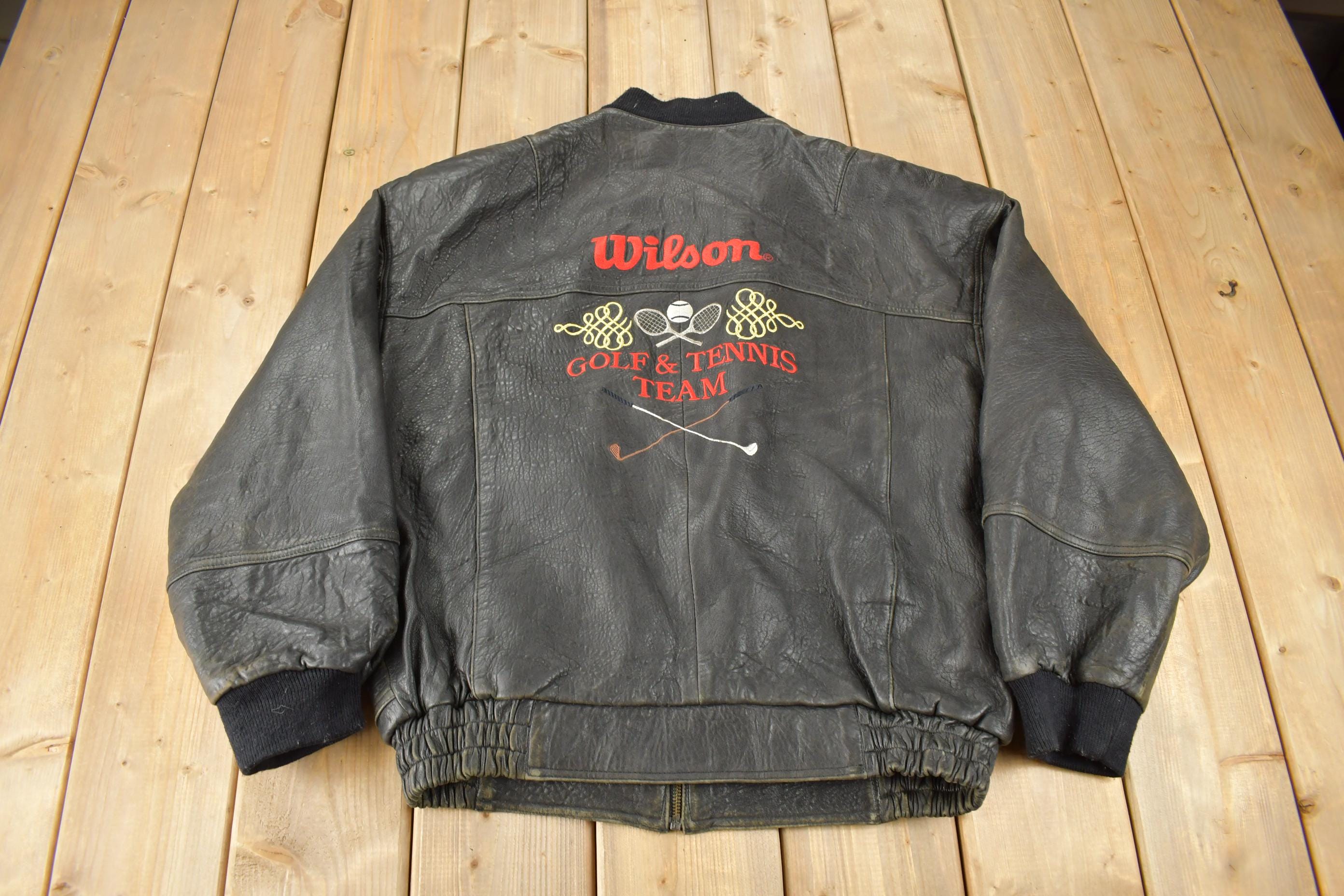 Vintage 1990s Wilson Golf & Tennis Team Embroidered Leather Bomber Jacket Size 46