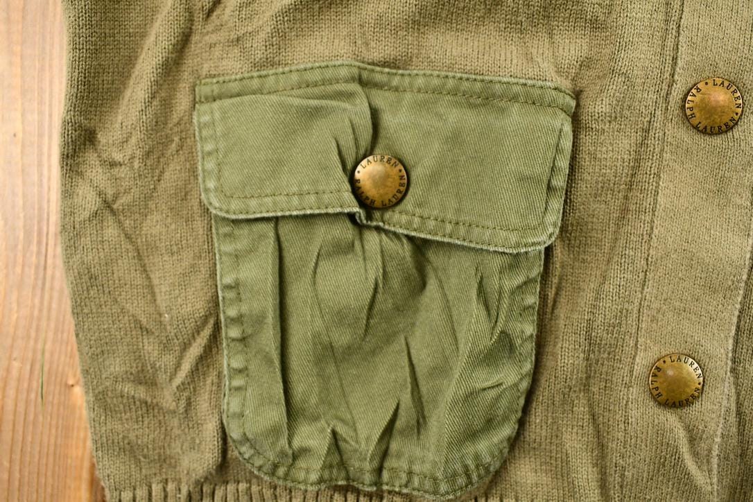 Vintage 1990s Women's Ralph Lauren Olive Drab Green Knit Short Sleeve Button Up Sweater