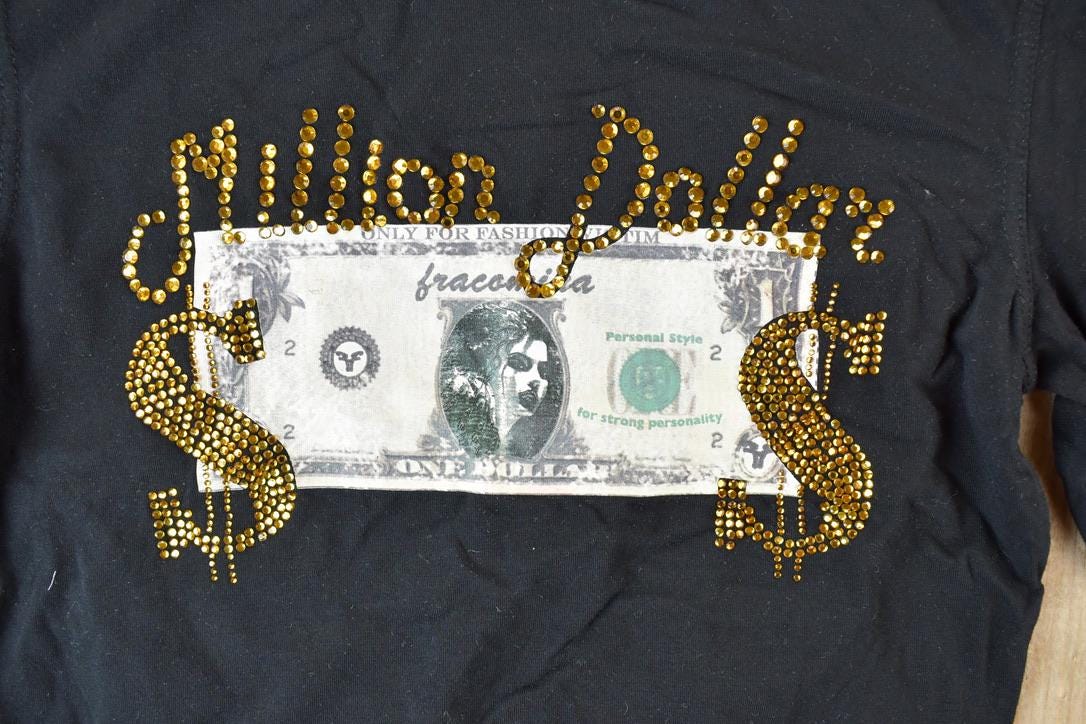 Women Vintage Fracomina Y2K Million Dollar T-Shirt / Vigoss Grunge Skull Print / Internet Famous Clothing / Over Dyed / Y2K Bedazzled