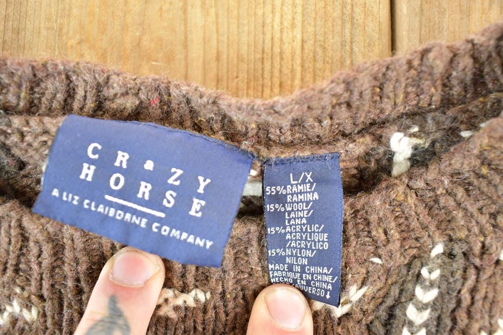 Vintage 1990s Crazy Horse Knit Abstract Pattern Crewneck Sweater Mens L