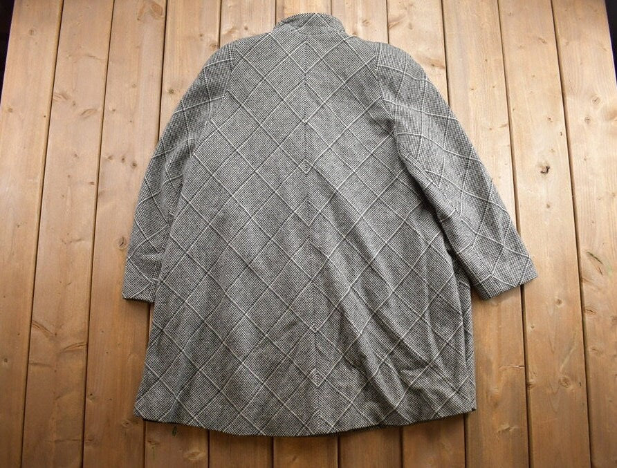 Vintage 1980s Tweed Houndstooth Wool Long Coat /