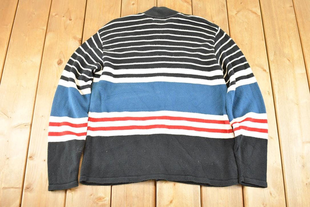 Vintage 1990s Izod Striped Zip Up Knit Crewneck Sweater Men's S  Abstract Pattern 3D Knitted Sweatshirt
