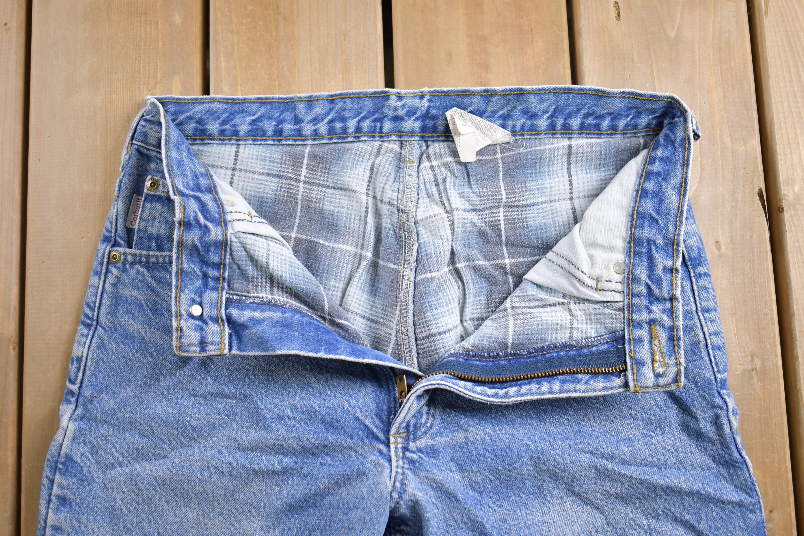 Vintage 1990s Carhartt Plaid Lined Work Jeans Size 31 x 29