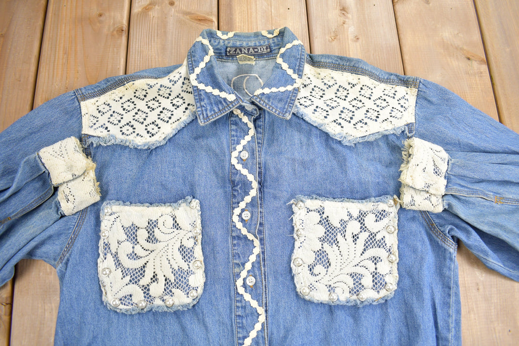 Vintage 1990s Zana-Di Lace Patchwork Denim Button Up Shirt