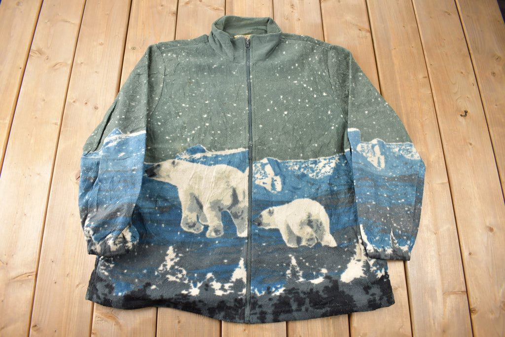 Vintage 1990s Polar Bear Graphic All Over Print Zip Up Fleece Sweater Size XL