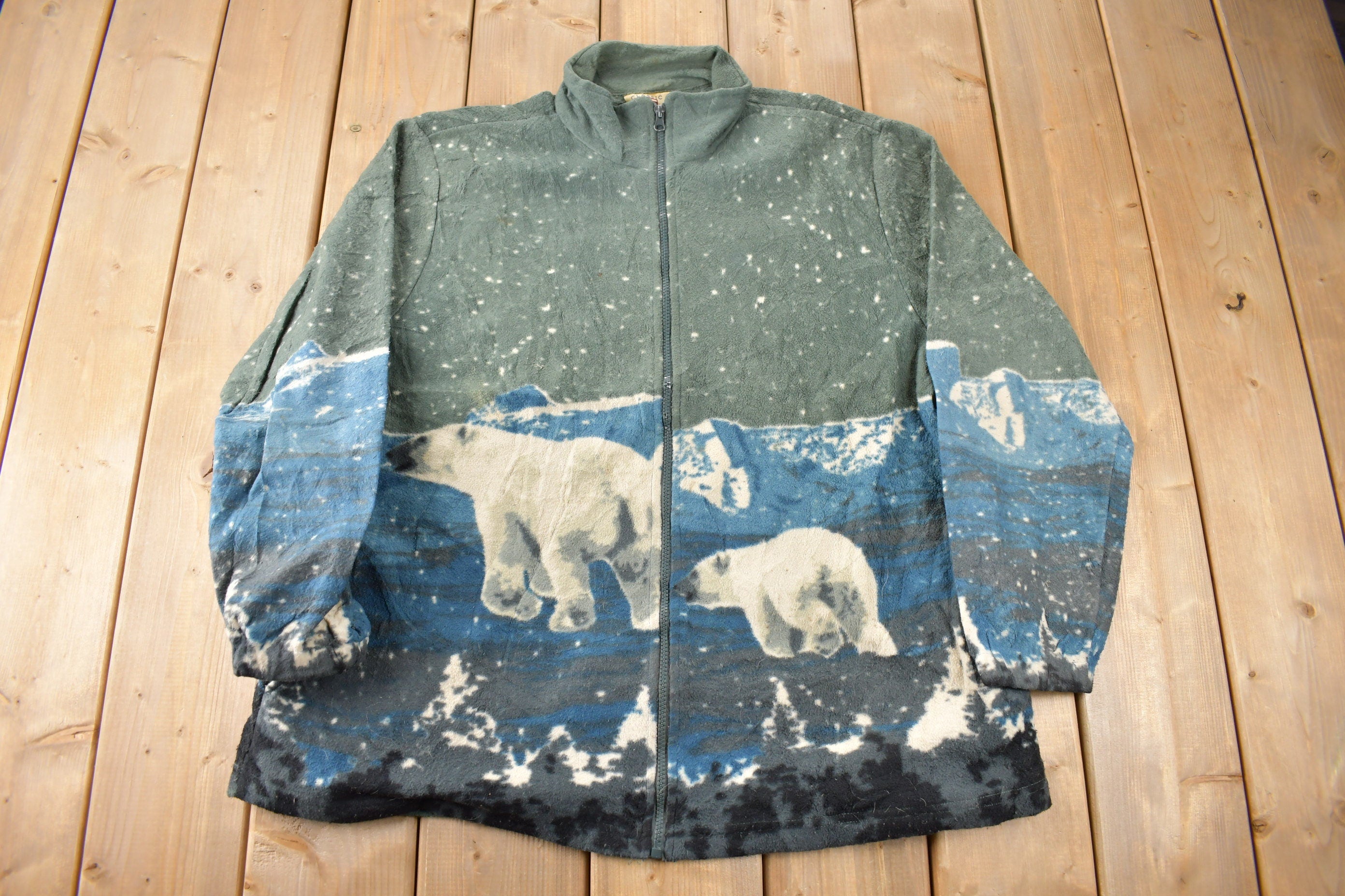 Vintage 1990s Polar Bear Graphic All Over Print Zip Up Fleece Sweater Size XL
