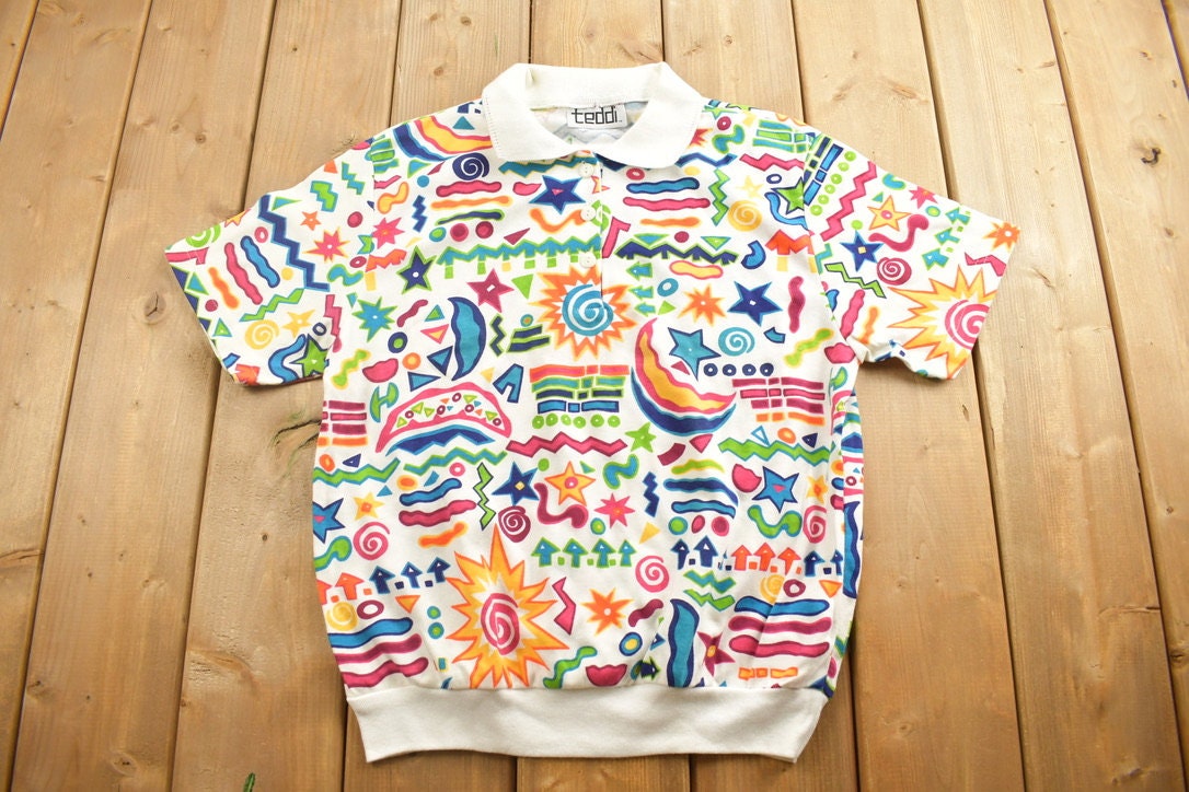 Vintage 1990s Teddi Artistic Abstract Graphic Collard T Shirt