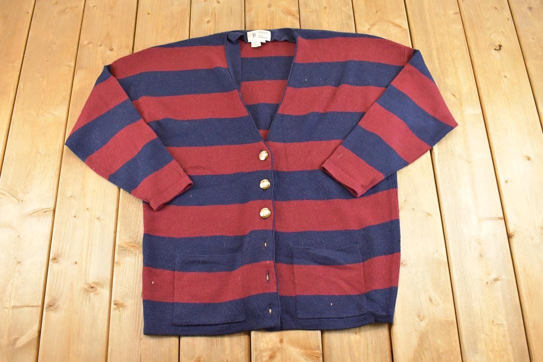 Vintage 1990s Braemar By Jeremy Scott Striped Knit Cardigan Boating Sweater Women's L